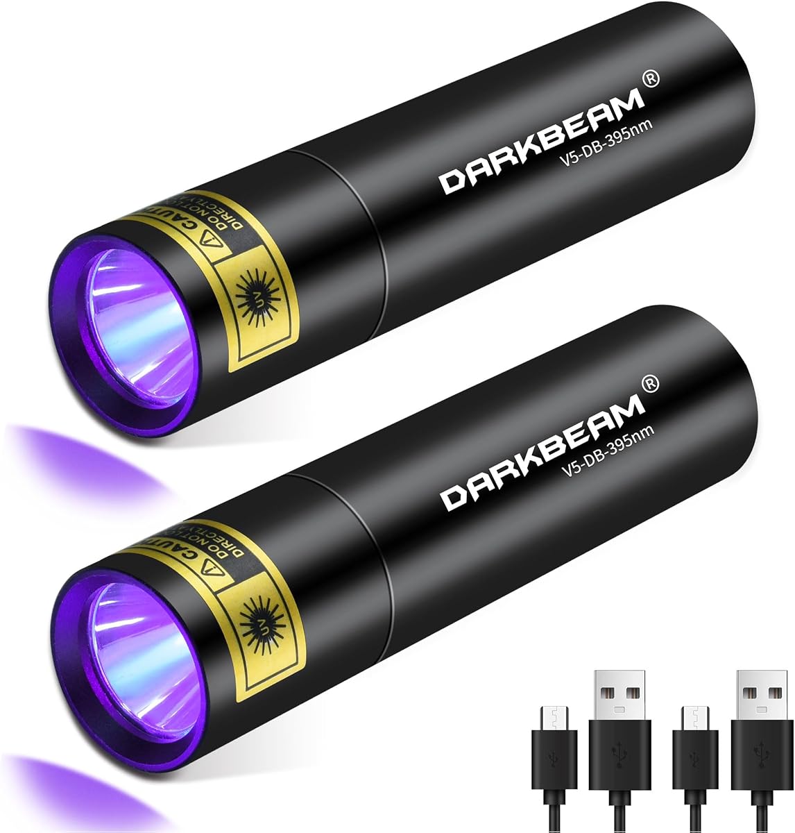 DARKBEAM Linterna Luz Negra UV 395 NM, Mini pero Potente USB- C | Lámpara LED recargable de madera, linternas ultravioleta para orina de mascotas, detección de manchas, curado de resina, agente fluorescente, paquete de 2