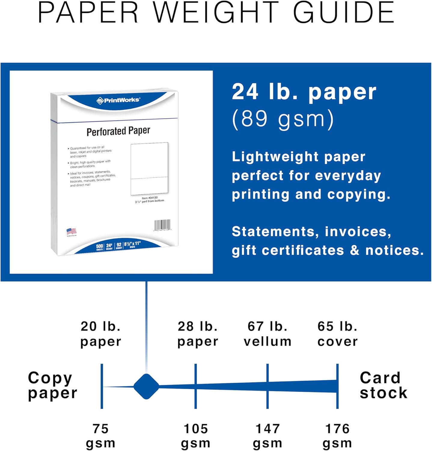 PrintWorks Professional 3 1/2" Horizontal Perforated Paper 8.5” x 11” - Perfect For W-2, 1099, & Statement Use - Made in the USA - 500 Sheets - 24 lb - Printer Compatible - White (04130)