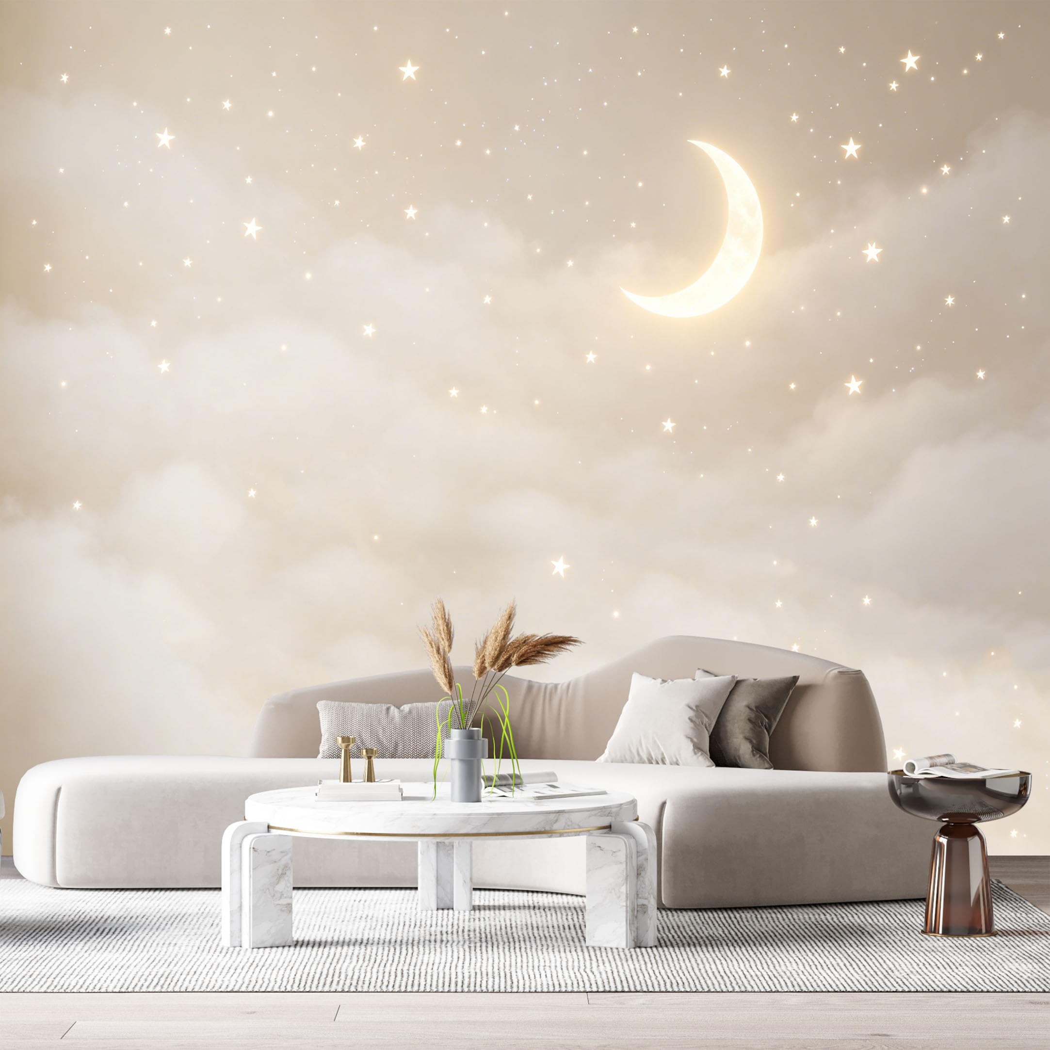 Custom Size Wall Murals Night Sky Aesthetic Minimalist Crescent Moon Glowing Stars SelfAdhesiveWall Fabric Removable Wallpaper Wall Decor for Living Room Bedroom Bathroom