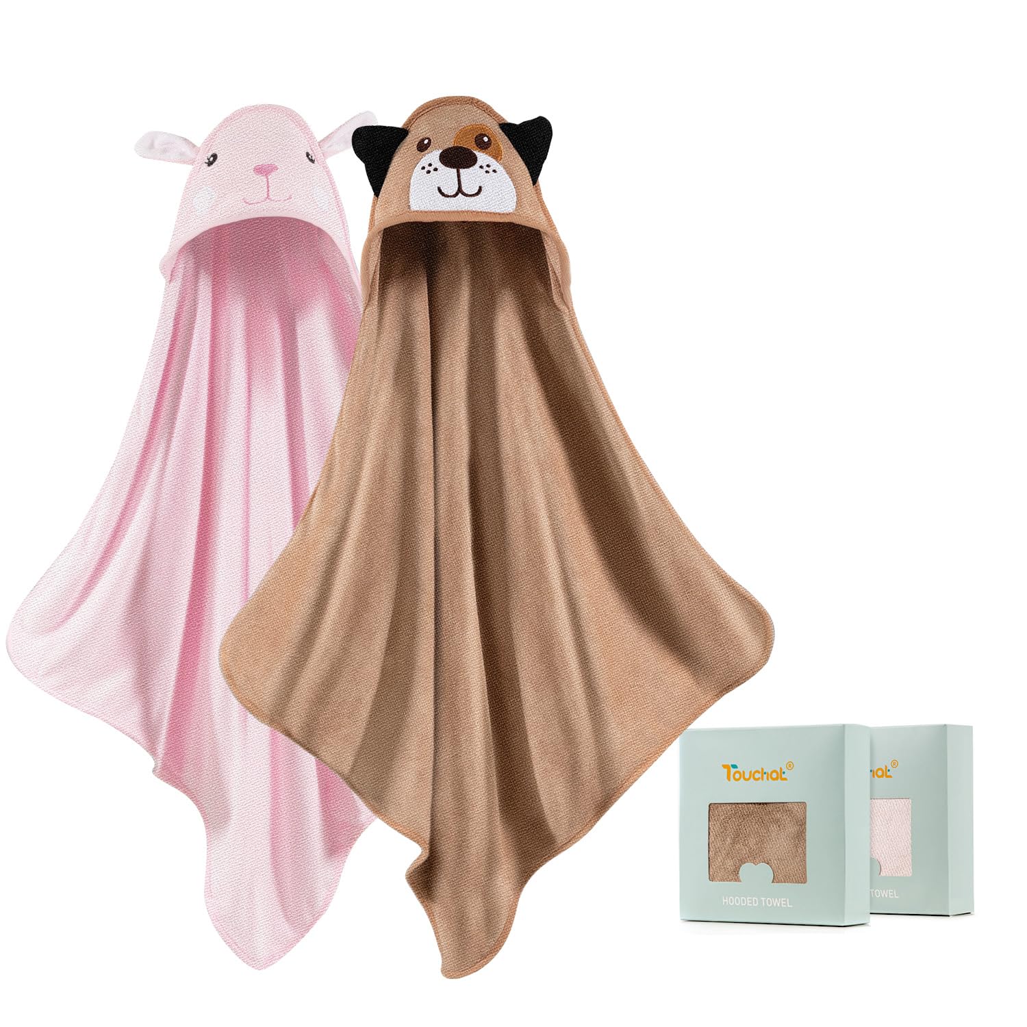 Touchat Hooded Baby Towels, Toddler Baby Bath Towels for Boy Girl 0-5 Year, 2-Pack Soft Absorbent Towels with Hood, Large Towel Set for Babies, Infant, Newborn Essential