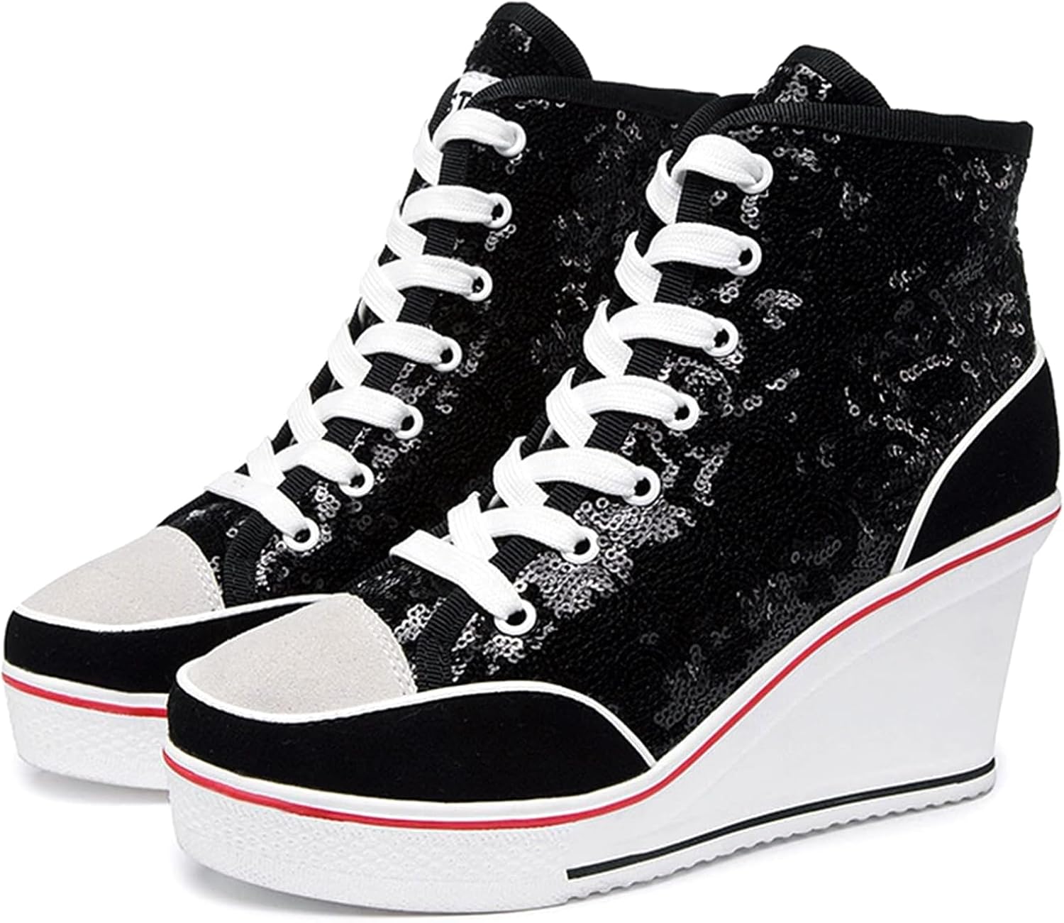 Jiu du Women's Glitter Sneakers Platform Wedge Sneaker Sparkly Sequin High Top Lace Up Sneakers Bling Wedding Dressy Tennis Shoes - Image 2