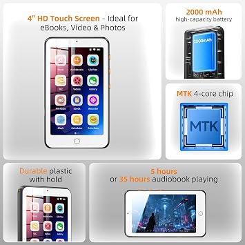 TIMMKOO Audiobook Player No Ads No Distractions, Bluetooth and WiFi, Loud Speaker, 4'' Screen Portable Audio Book Player for Kids & Seniors, Built-in Ebook and Audiobook Apps, 35H Battery, Up to 1TB
