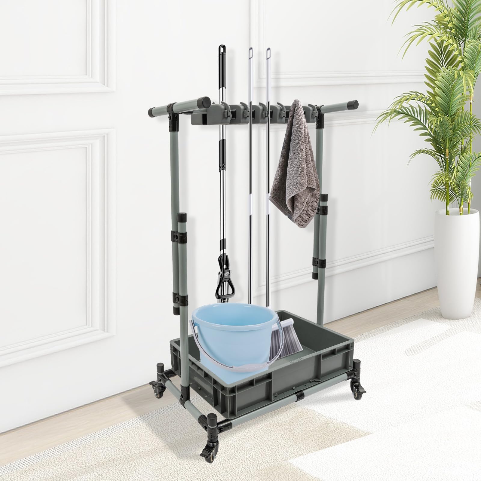 Soporte para fregona extraíble, soporte para escobas, almacenamiento para dispositivos de limpieza, altura 75-125 cm, carrito de limpieza móvil, soporte para utensilios de jardín, soporte para escobas
