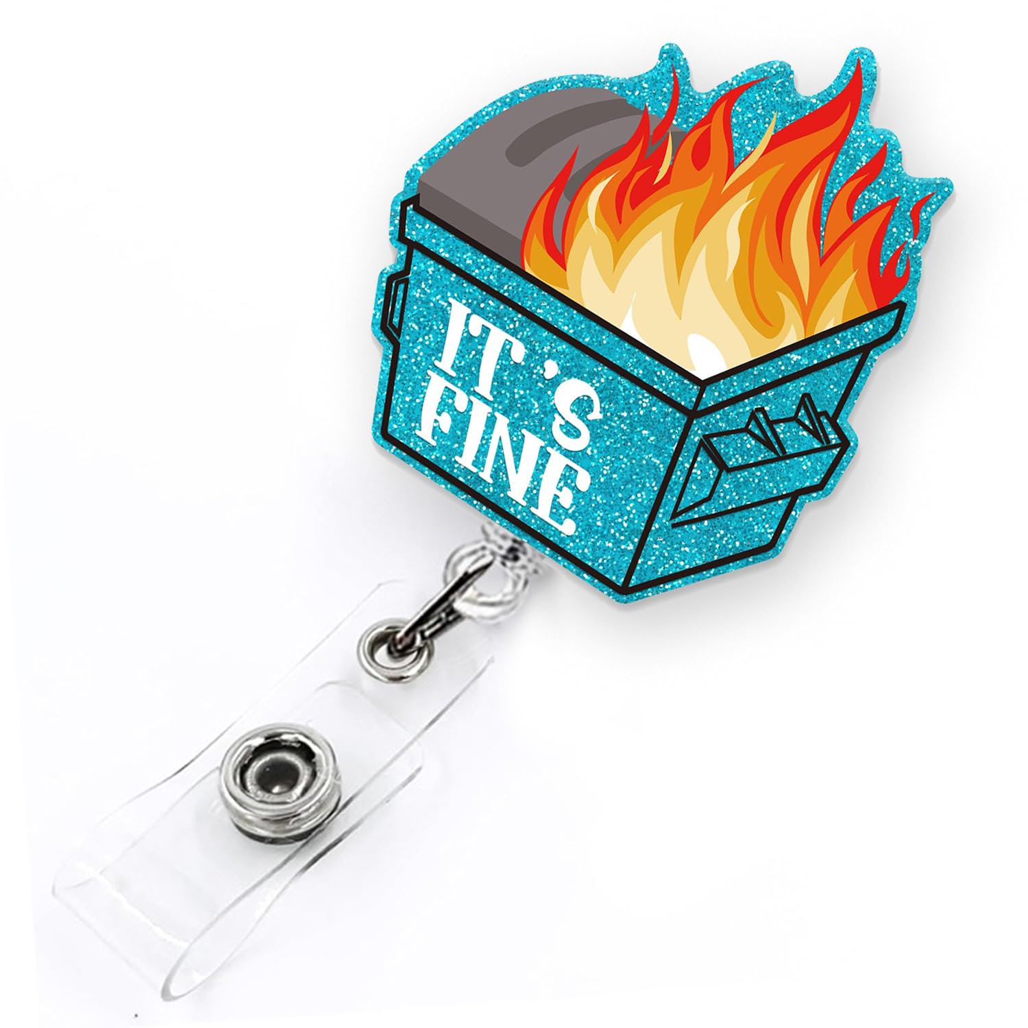 It's Fine Funny Dumpster Fire Badge Reel Retractable, Dumpster Badge Clip, ID Badge Holder with Alligator Clip & 24” Durable Nylon Cord for Nurse