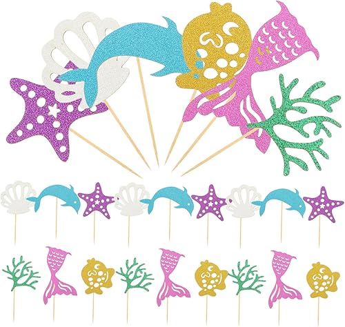 Miniatura 4 de STOBAZA 96 piezas de inserción de pastel de sirena para pastel de pescado, animales del océano, conchas de mar, decoración de cupcakes, decoración