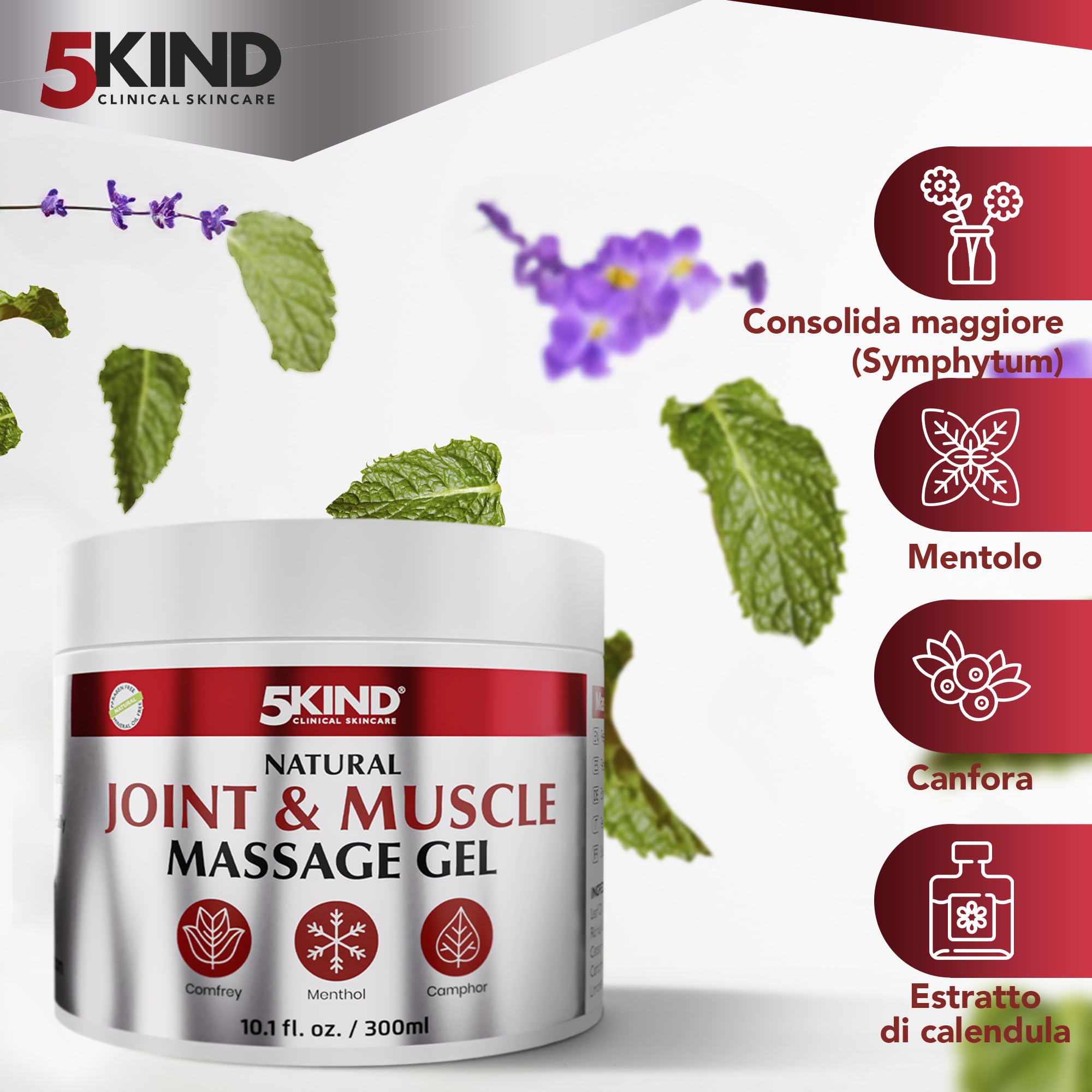 5kind Gel Rinfrescante Naturale Articolazioni e Muscoli 300ml - Gel Massaggio Rivitalizzante Schiena e Muscoli - Crema Gambe Effetto Freddo - Freddo Gambe