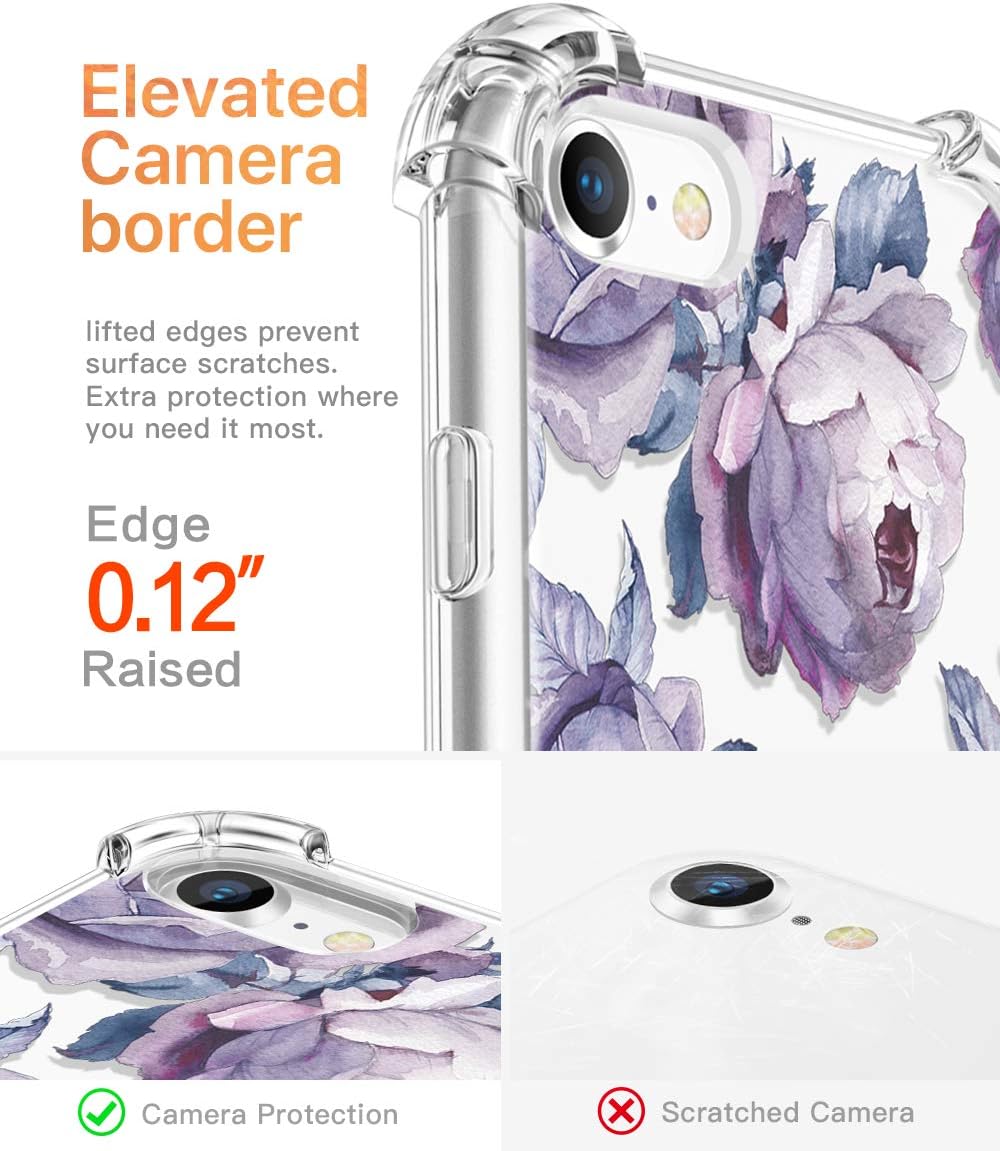 GVIEWIN Clear Flower iPhone SE 2020 Case/iPhone 8 Case/iPhone 7 Case, Soft TPU Silicone Ultra-Thin Slim Fit Transparent Pink Flowers Flexible Cover for 4.7" iPhone SE2/7/8 (Peony/Purple)