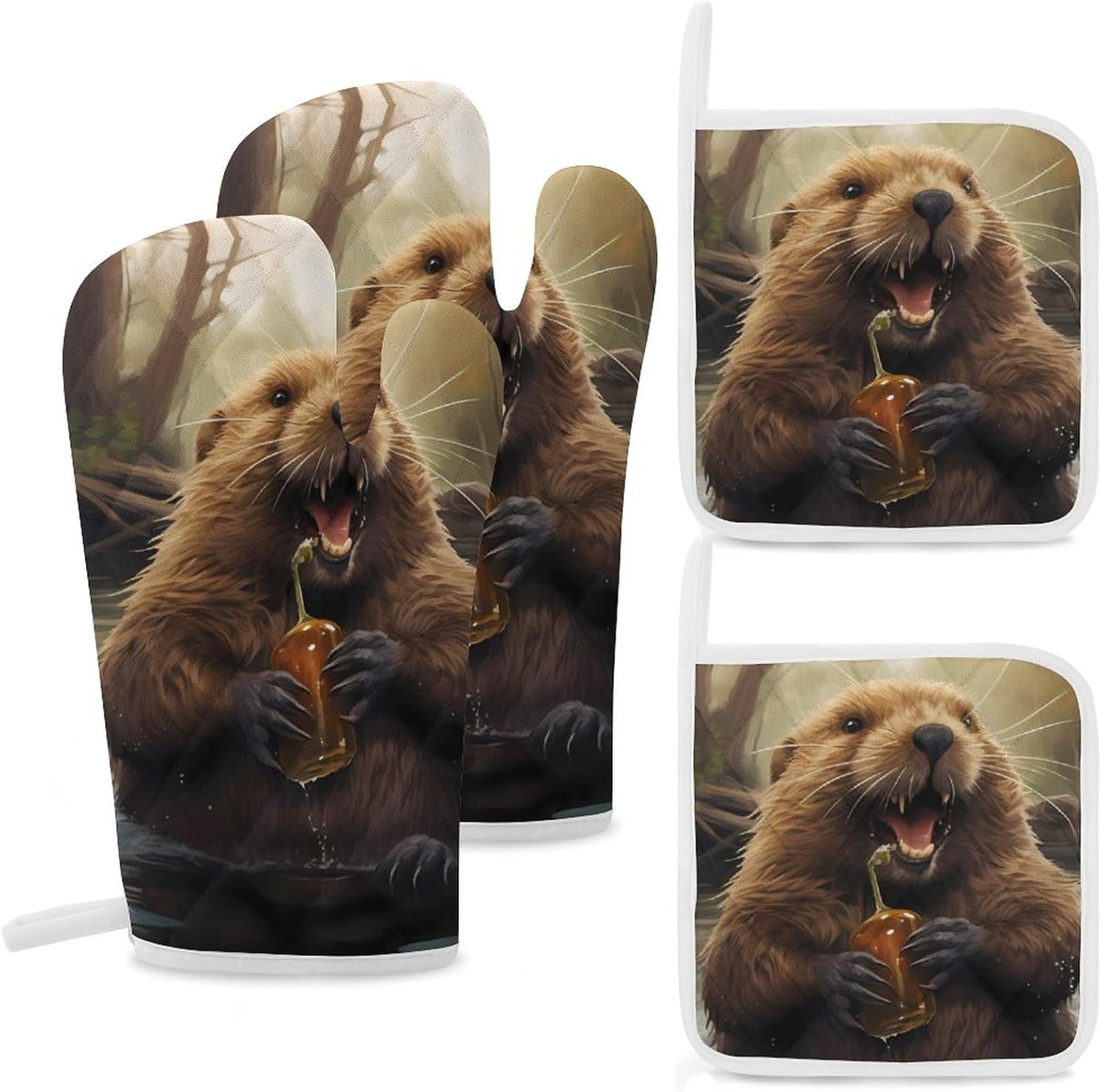 Funny Beaver Animal 4 Pcs Oven Mitts and Pot Holders Set High Heat Resistant Long Kitchen Oven Glove Potholders