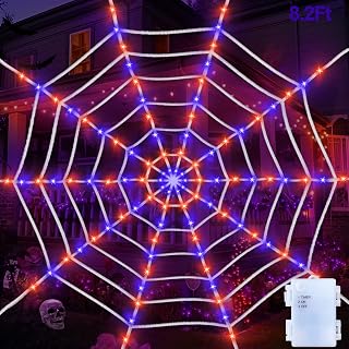 Preinstall 8.2 Ft 80 LED Orange Purple Giant Halloween Spider Web Lights Decorations Outdoor Timer Battery Operated Waterproof Net Lights Halloween Decor Indoor Yard Garden Party Home