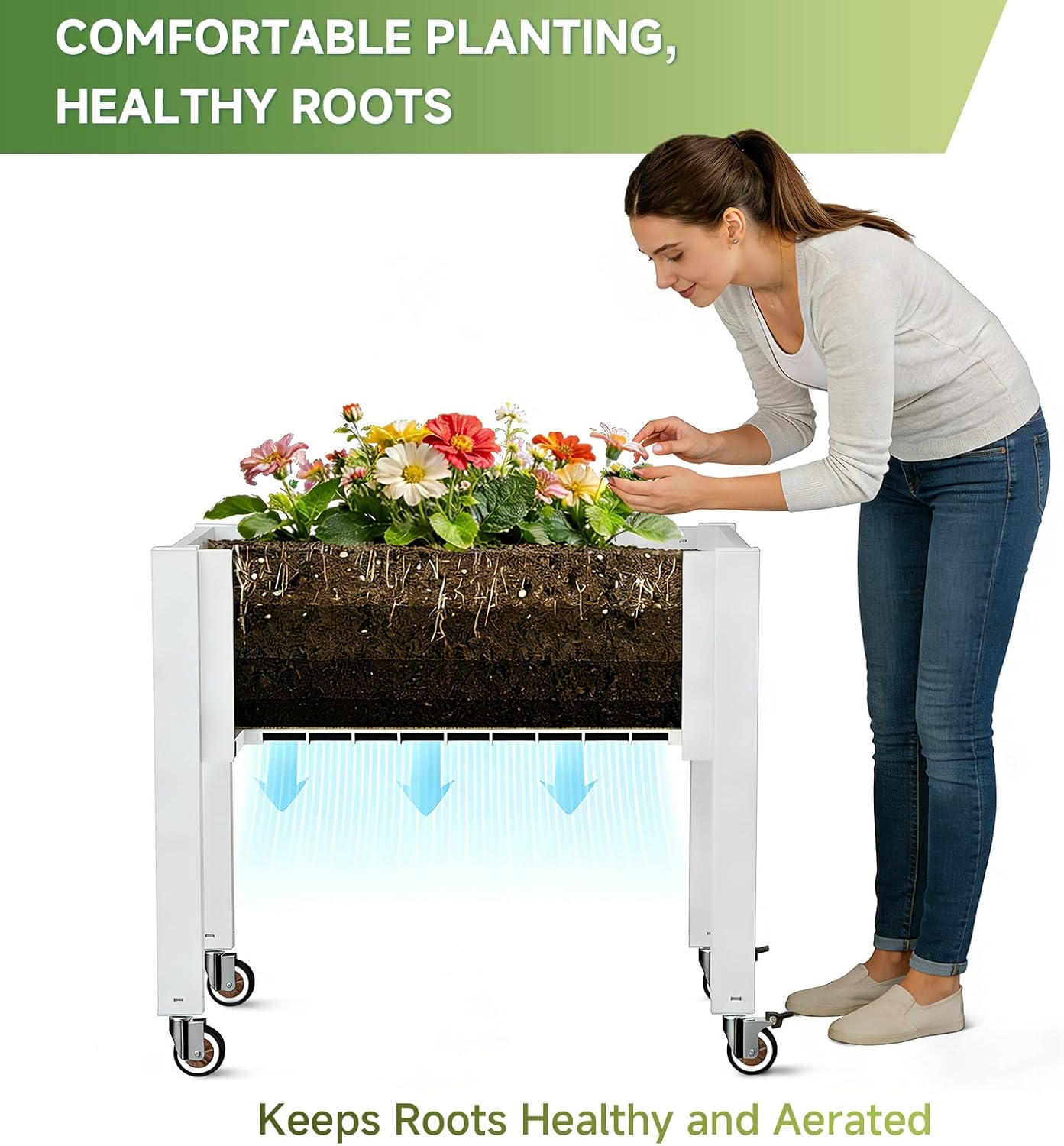 Miory Raised Garden Bed with Wheels, Mobile Raised Planter, Elevated Garden Bed with Water Level Monitor and Drainage System, Planter Box for Garden Outdoor Patio Balcony