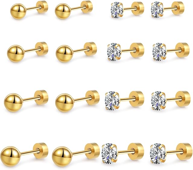 8 Pairs Small Gold Earring Set Hoops And Studs Stainless Steel Stud Earrings for Women Tiny Cartilage Hypoallergenic Sets Girls Silver CZ Ball 8mm-14mm,2/3/4/5mm