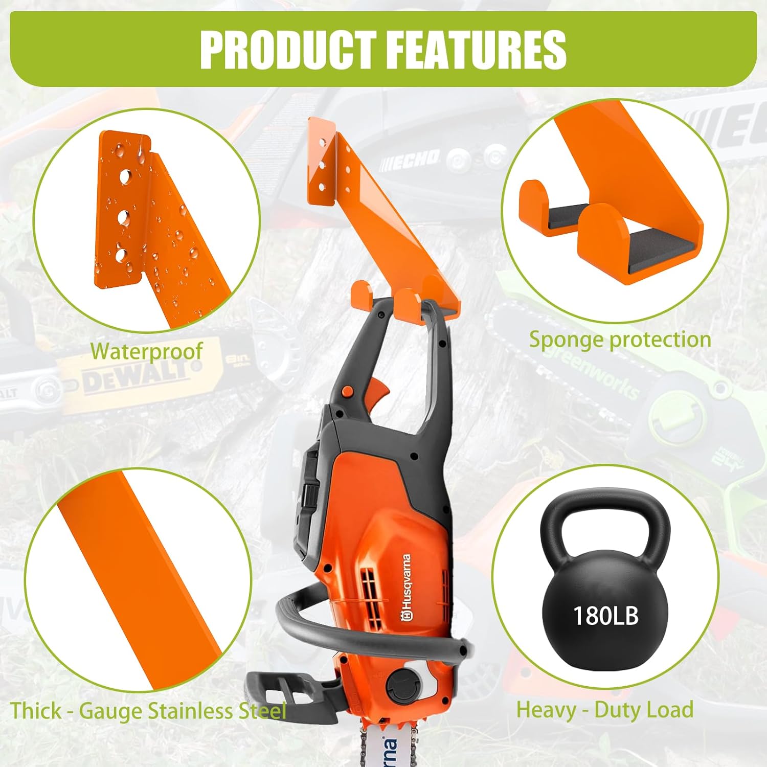 Chainsaw Holder 180LB Heavy Duty Chainsaw Wall Mount, Chainsaw Hanger for Garage Organization,Chainsaw Rack for Gardening Tools(4 Pack)