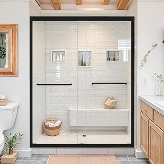 Double Sliding Shower Door 56-60" W x 72" H Bypass, Semi-Frameless Shower Glass Door, Shower Doors for Walk-in Shower with 1/4" (6mm) SGCC Certified Nano Clean Tempered Glass, Matte Black