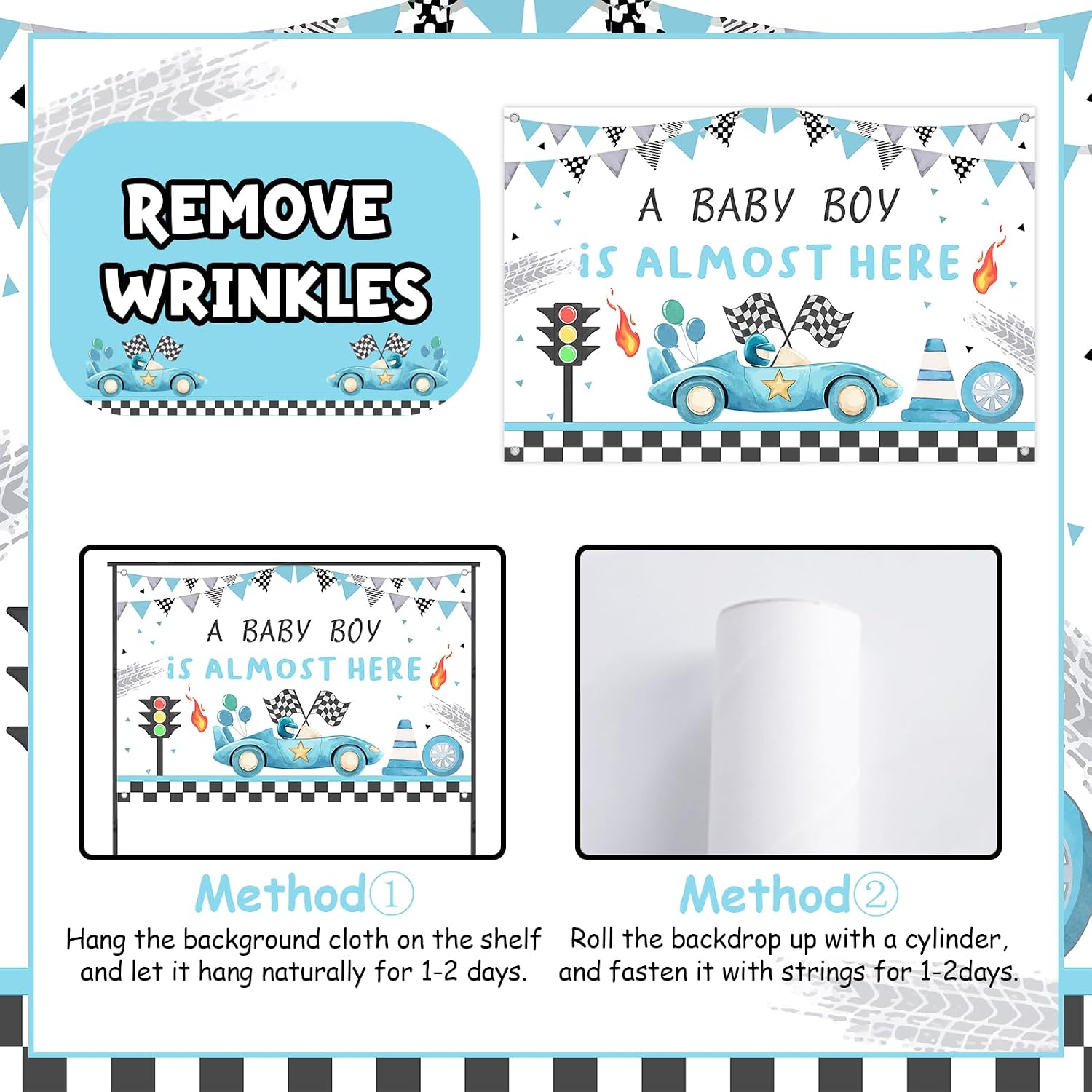 5x3ft Vintage Blue Race Car Baby Shower Backdrop - A Baby Boy is Almost Here Decorations, Let’s Go Racing Car Themed Photography Background for Pregnancy Celebration Newborn Party