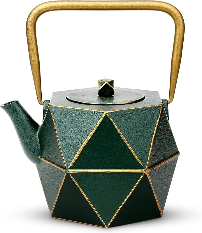 Toptier Tetera de hierro fundido, tetera japonesa de hierro fundido apta para estufa, tetera con diseño de diamante con infusor extraíble para té suelto, 30 onzas (900 ml), verde oscuro