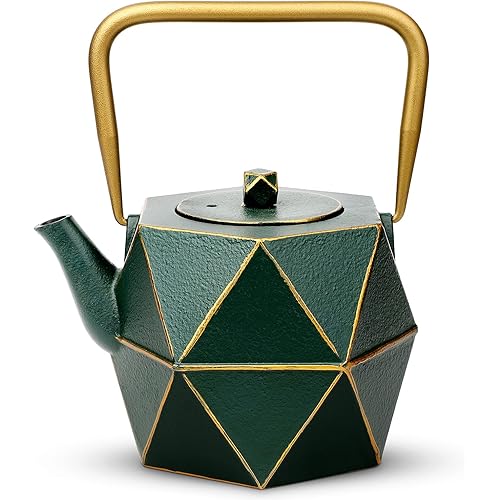 Toptier Cast Iron Teapot, Stovetop Safe Japanese Cast Iron Tea Kettle, Diamond Design Tea Pot with Removable Infuser for Loose Tea, 54 Ounce (1600 ml), Dark Green