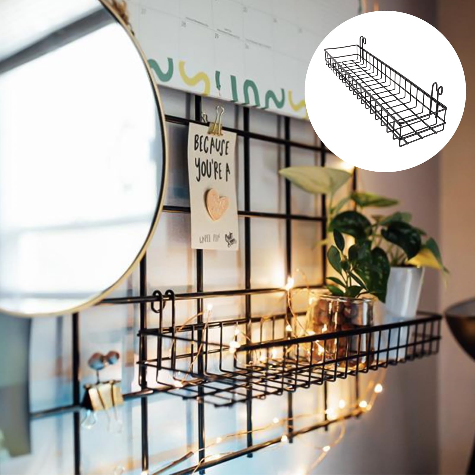 2 Stück Drahtkorb Für Wandgitter Schwarz - 40x10x8 Cm, Metallkorb Mit Haken, Küchenorganizer