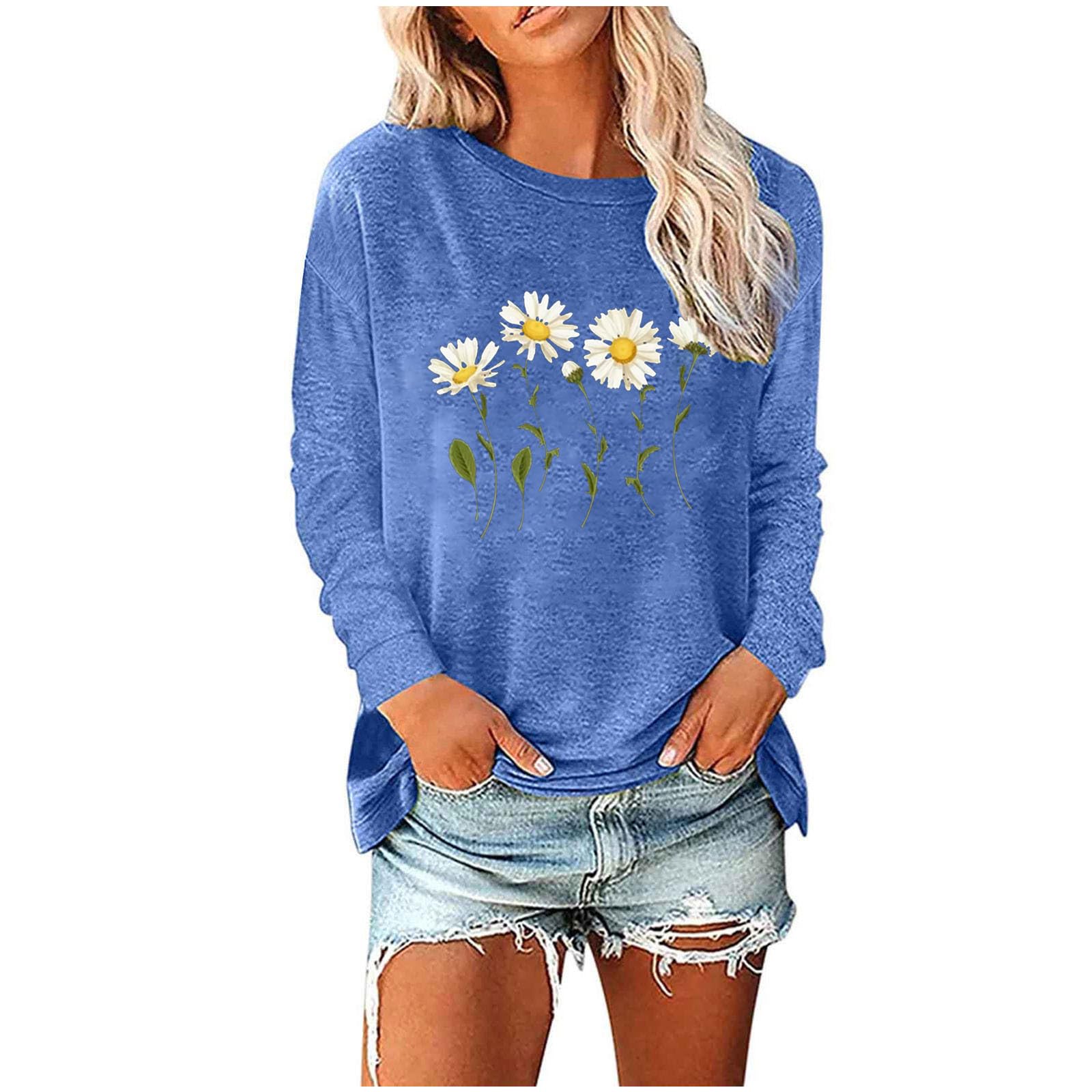 DASAYO Long Sleeve Shirts for Women Spring Fashion 2024 Crewneck Daisy Sunflower Graphic Print Blouse Loose Casual Tops