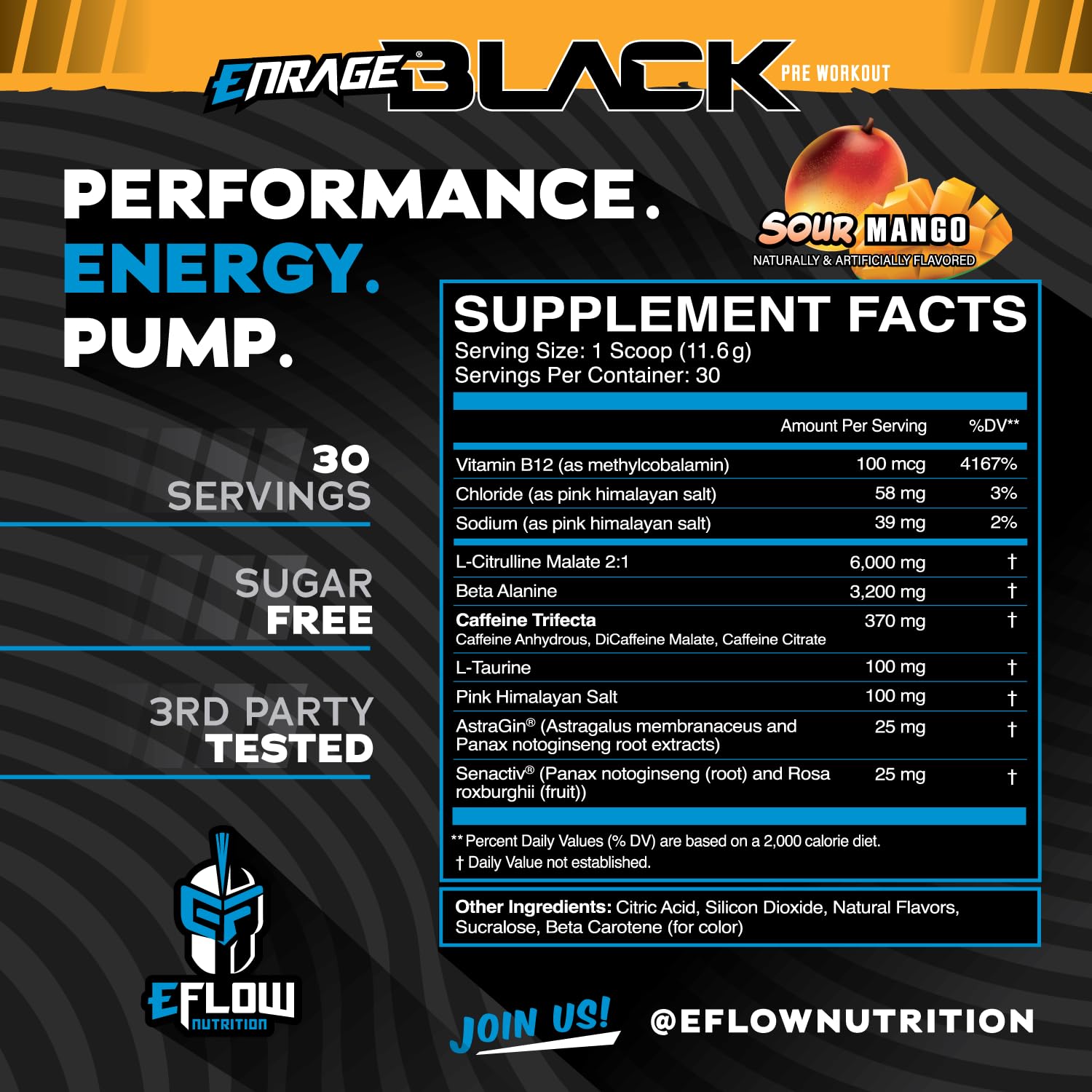 eFlow Nutrition Enrage Black High Stimulant Pre Workout Supplement - Preworkout Powder to Boost Energy, Pumps and Strength - 4 Flavors (30 Servings) (Sour Mango) — Amazon image 2