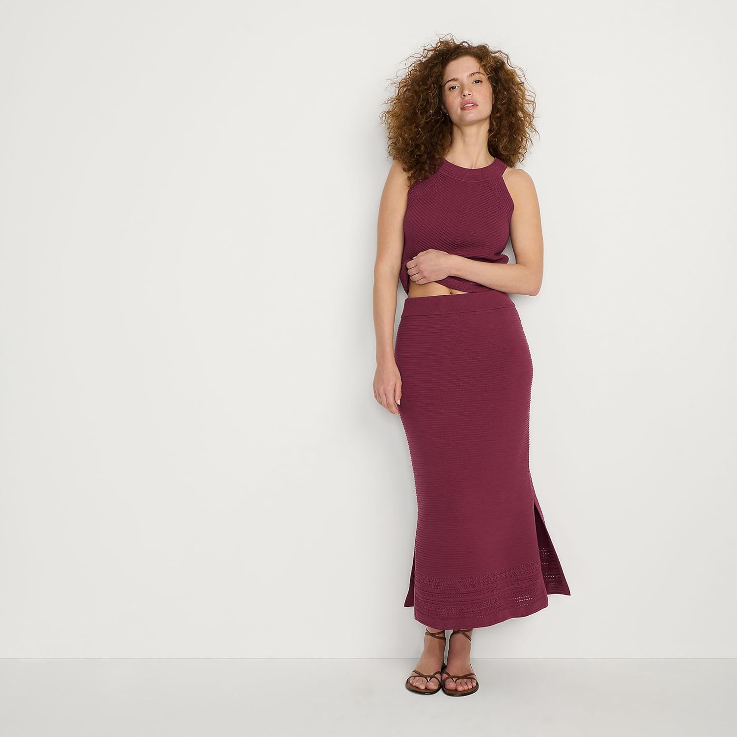 Lands' End Women's Cotton Pointelle Sweater Maxi Skirt - Set Bottom