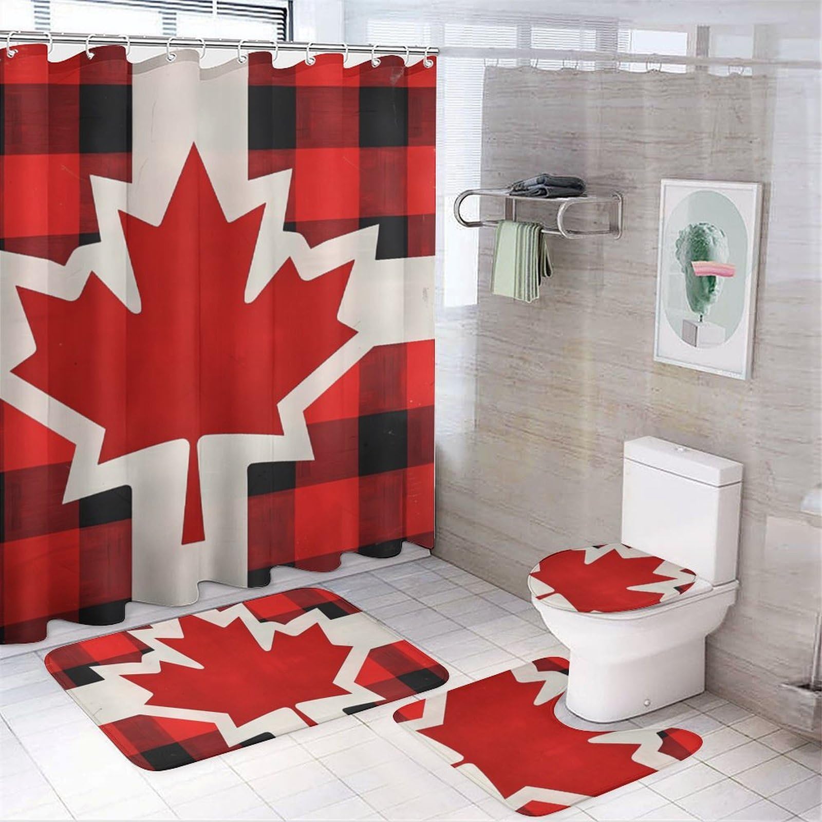CGSBNGHA Canadian Flag Farm Buffalo Plaid Shower Curtain Set 4 Piece Bathroom Sets with Rugs Toilet Lid Cover And U-Shaped Floor Mat