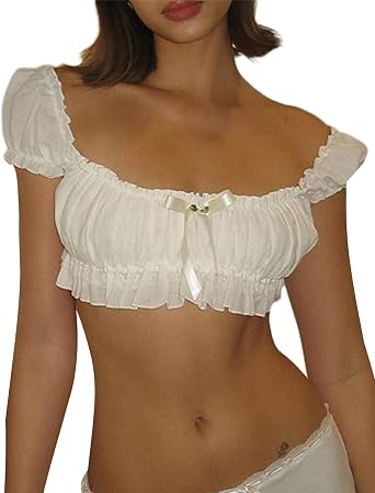 Women Off Shoulder Ruffle Trim Crop Tee Puff Sleeve Ruched Solid Color Cute T-Shirt Y2K Fairy Aesthetic Clothes
