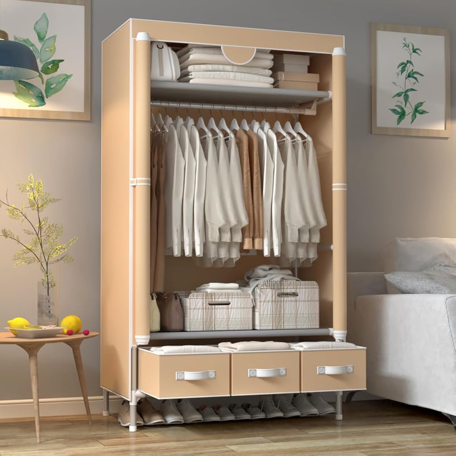 Portable Light Coffee Canvas Wardrobe with 3 Drawers & Hanging Rail | 90x45x170cm | Bedroom Clothes Storage Closet