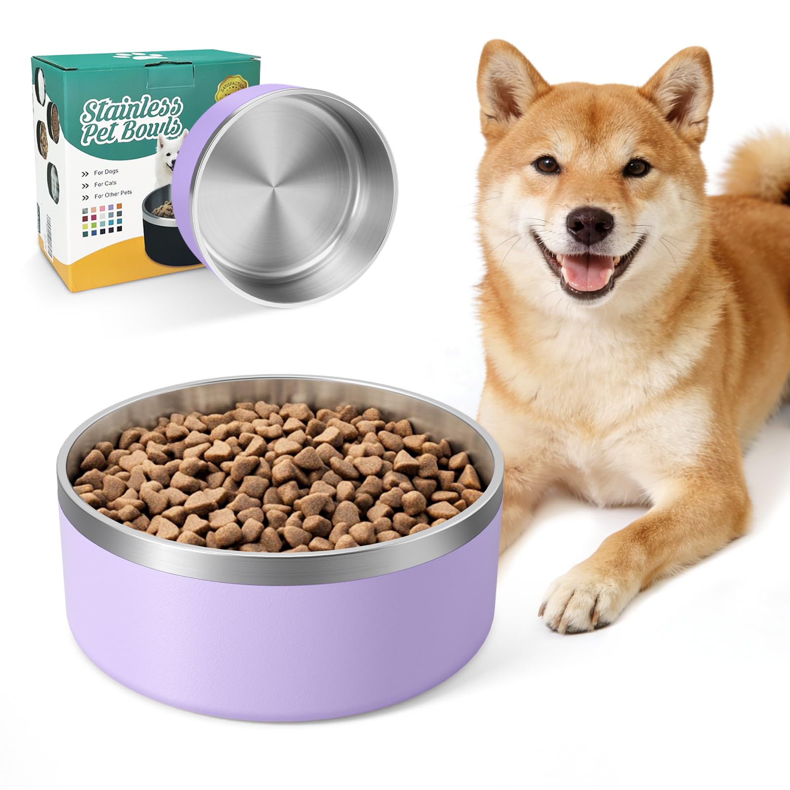 IKITCHEN Dog Bowl for Food and Water, 40 Oz Stainless Steel Pet Feeding Bowl, Durable Non-Skid Insulated Heavy Duty with Rubber Bottom for Medium