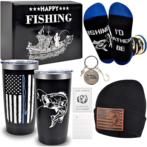 Fishing Gifts for Men Fisherman - 5 PCS Funny Fishing Accessories for Men, Unique 20oz Tumbler, Beanie Hat, Socks, Keychain, Greeting Card, Gift Box, Christmas Stocking Stuffers for Boy Dad Boyfriend