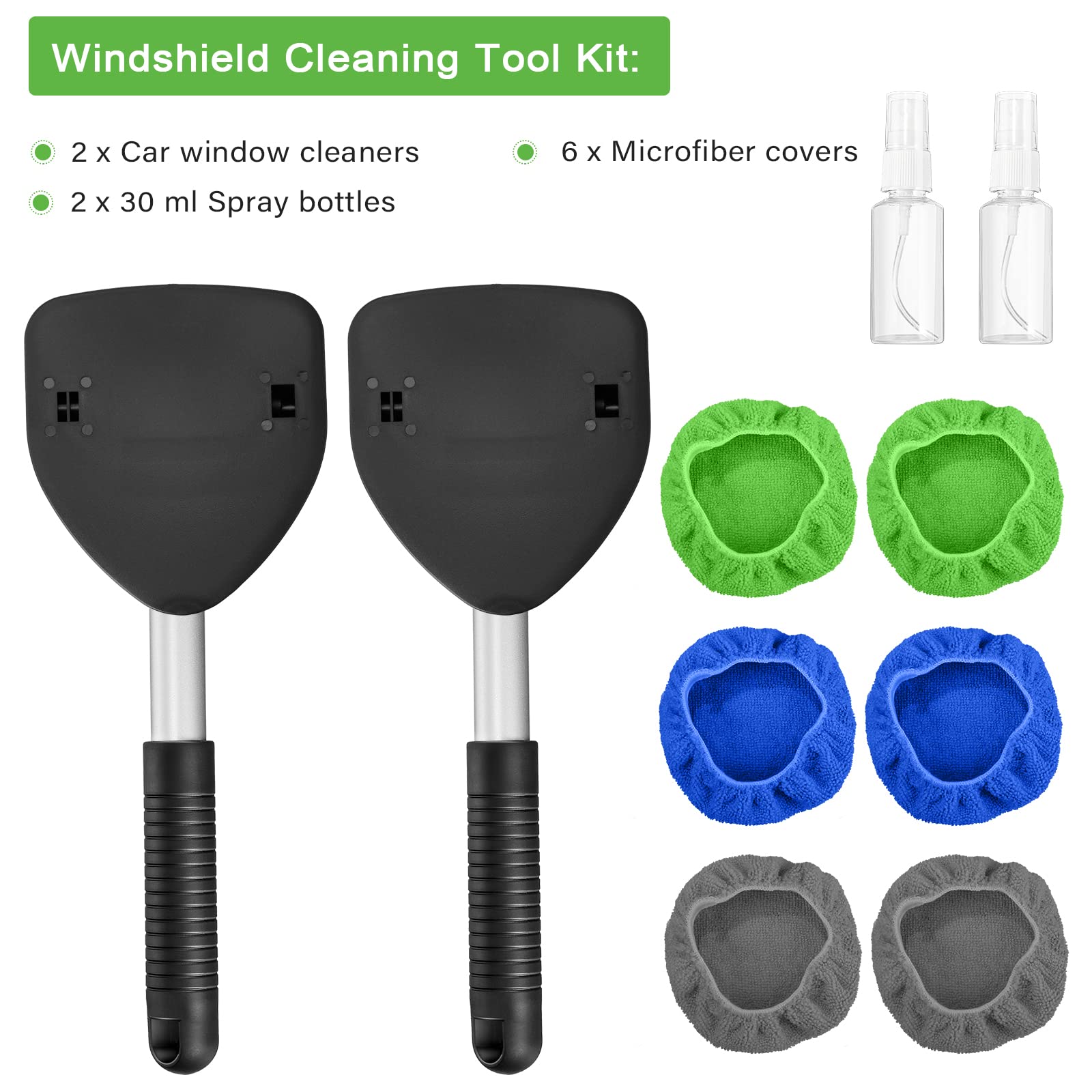 Paquete de 2 herramientas de limpieza de parabrisas, limpiador de ventanas de automóvil de microfibra para limpieza automática de ventanas con mango desmontable, 6 almohadillas de microfibra 7