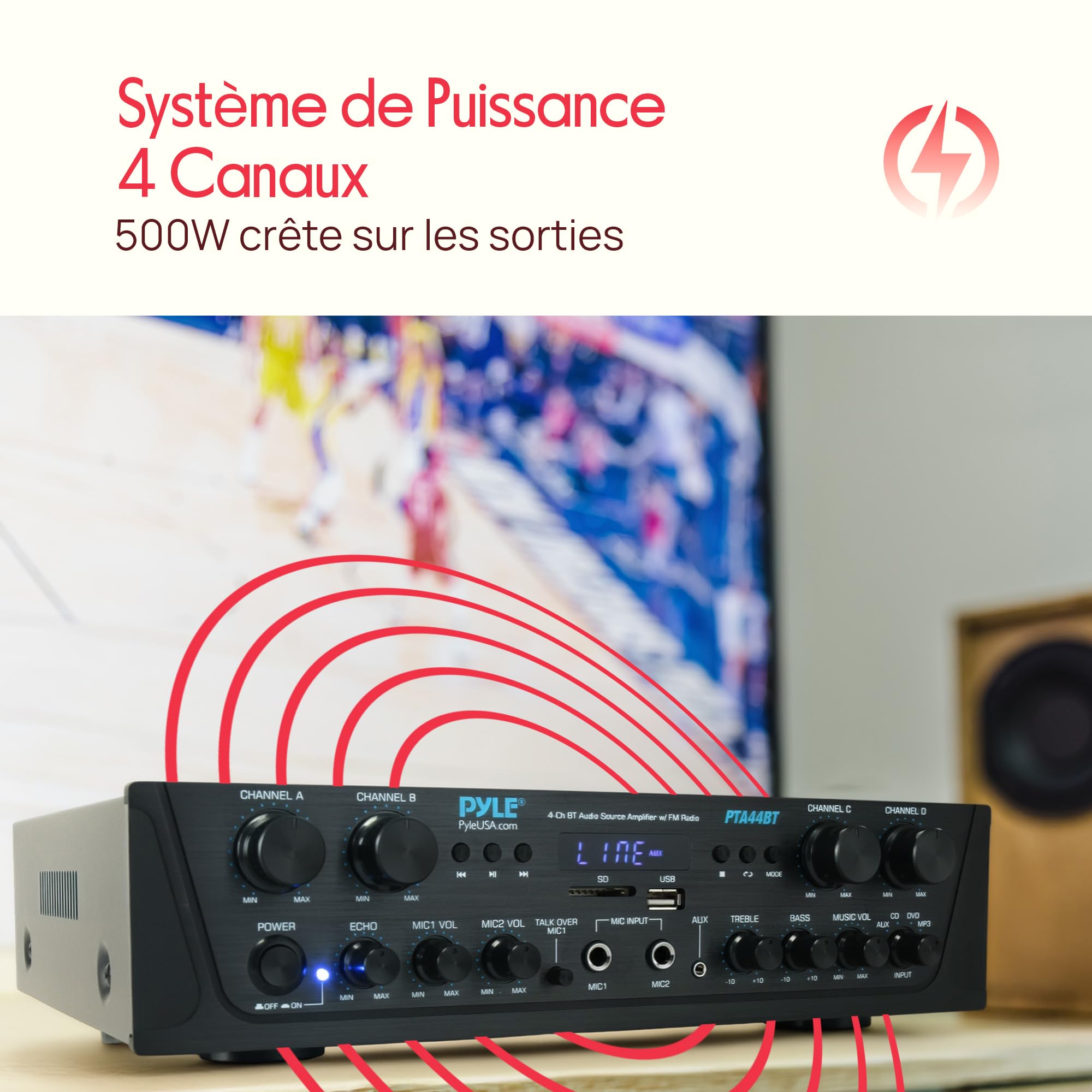 Pyle Ampli Bluetooth Karaoké sans Fil 500W - Récepteur Audio Stéréo 4 Canaux avec AUX, Radio FM, Subwoofer RCA, USB, Microphone avec Écho, 500W sous 4-8 Ohms, idéal pour Studio Musique