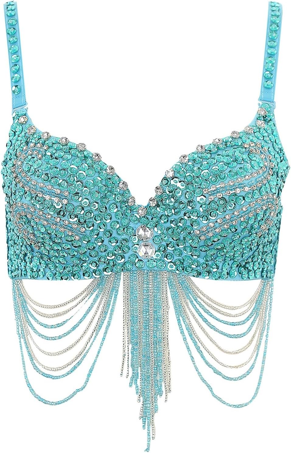 Rhinestone Bra Womens Belly Dance Top Shiny Corset Crop Top Fringe Rhinestone Sequin Club Bra Spaghetti Straps Underwire Push Up Bustier Tops(Sky Blue)