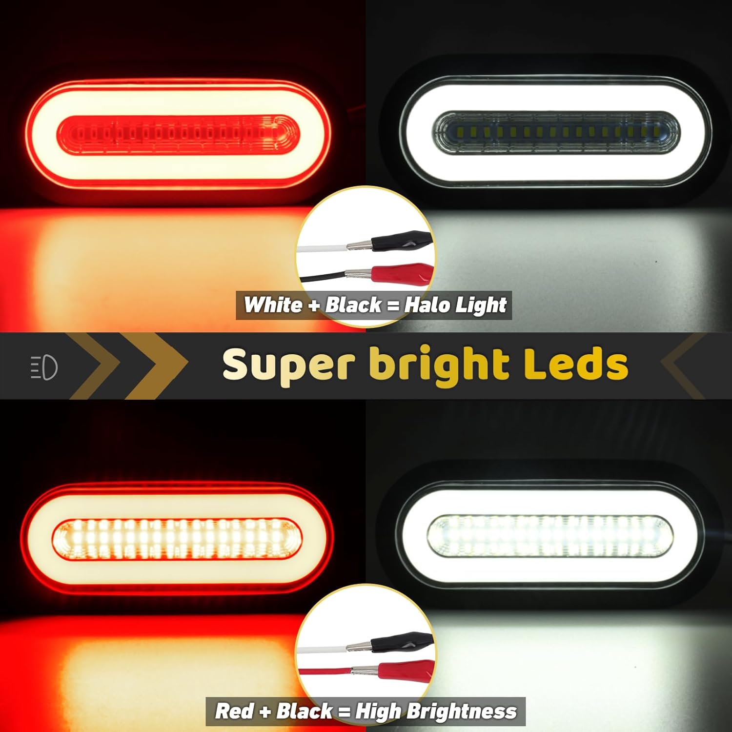 6pcs 6" inch Oval 52 LEDs Trailer Halo Tail Lights,4x Red LED Stop Brake Turn Lights,2x White LED Reverse Back up Tail Light【Patented】 w/Rubber Grommet Flash Mount For RV/Van/Truck, DC 12V