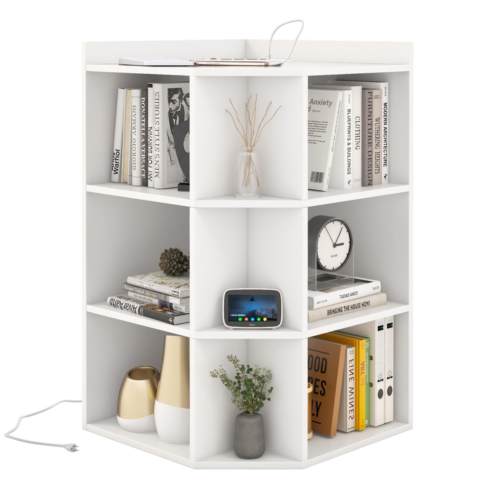 GIANTEX Librería Esquinero de 3 Niveles, Estantería de Almacenamiento con 9 Compartimentos Abiertos, 51 x 71,5 x 86 cm, con Puertos de Carga, Librería Triangular para Salón, Estudio (Blanco)