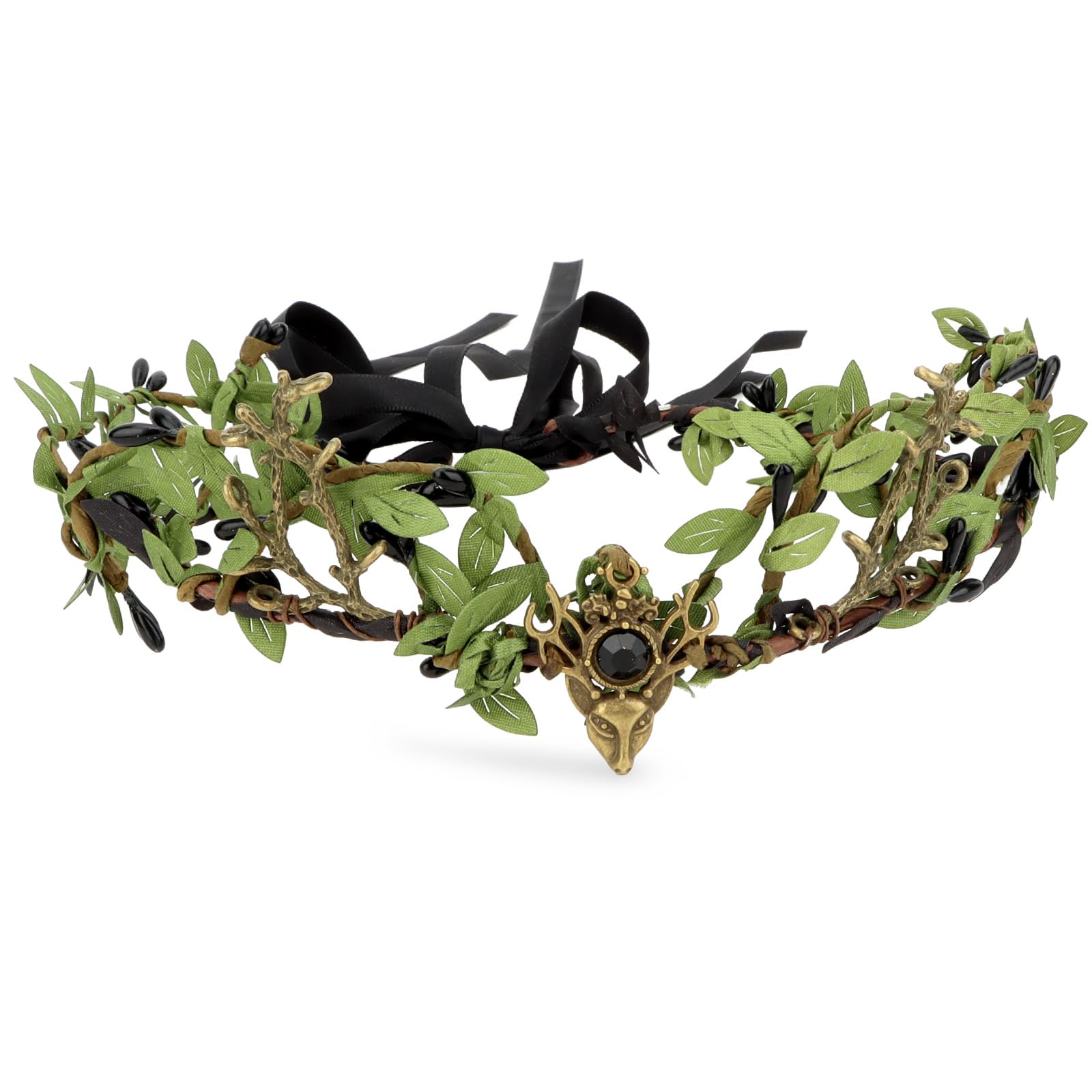 Woodland Elfenkrone, Feenkrone mit Geweih, Elfe, Wald, Kopfschmuck, V-Form, Blume, Kreis, Blatt, Stirnband für Damen, Schwarz