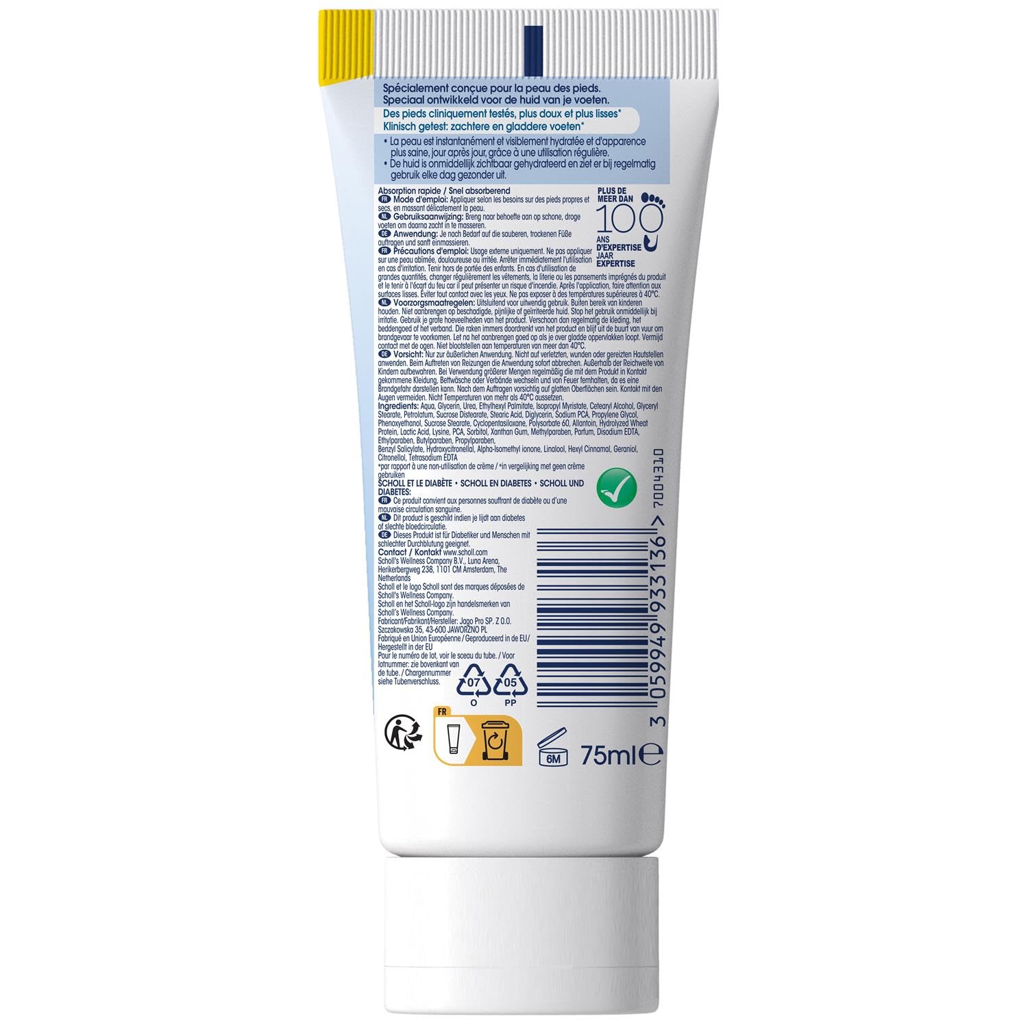SCHOLL Crema hidratante intensificada para piel seca, 75 ml, paquete de 6
