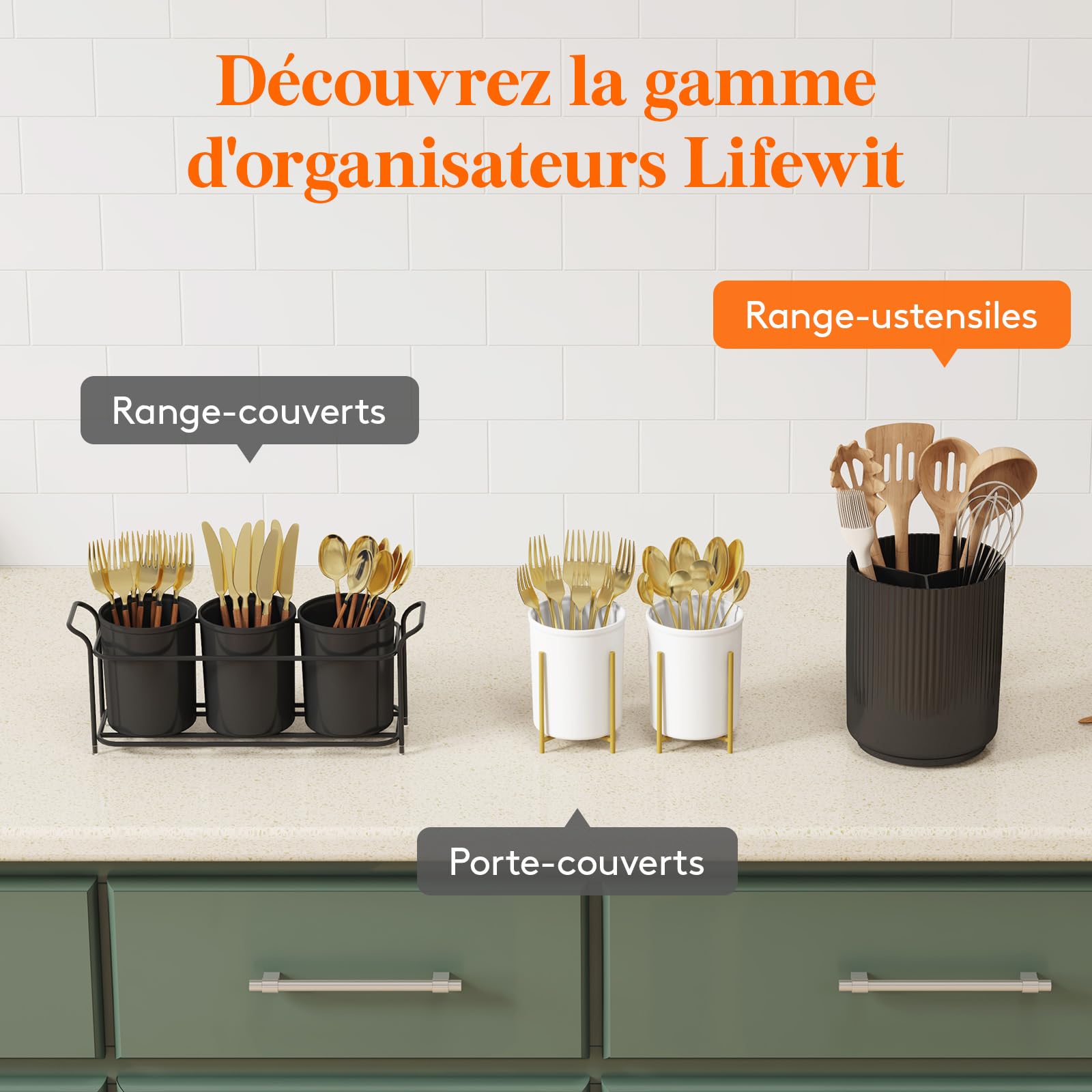 Lifewit Kitchen Counter Utensil Holder with 3 Compartments, 15 x 19 cm Cutlery Tray for Drawer, Spatula Organizer, with Non-Slip Rotating Base and Dry Drainer, Set of 2, Black