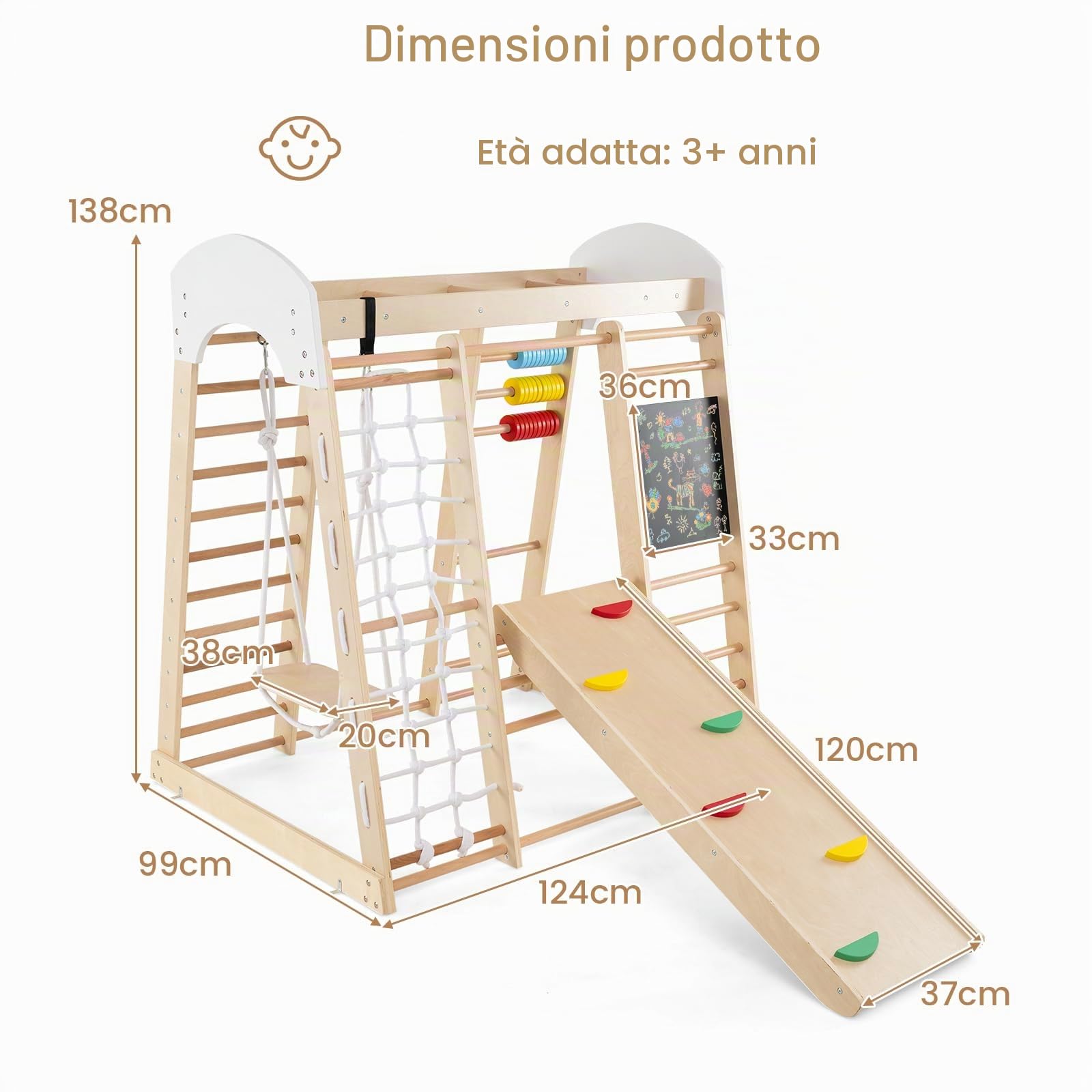 HOMASIS Struttura da Arrampicata in Legno da Interno, 7 in 1 Parco Giochi con Altalena, Scala, Rete da Arrampicata, Barre, Abaco e Lavagna, Palestra per Bambini dai 3+ Anni (Naturale)