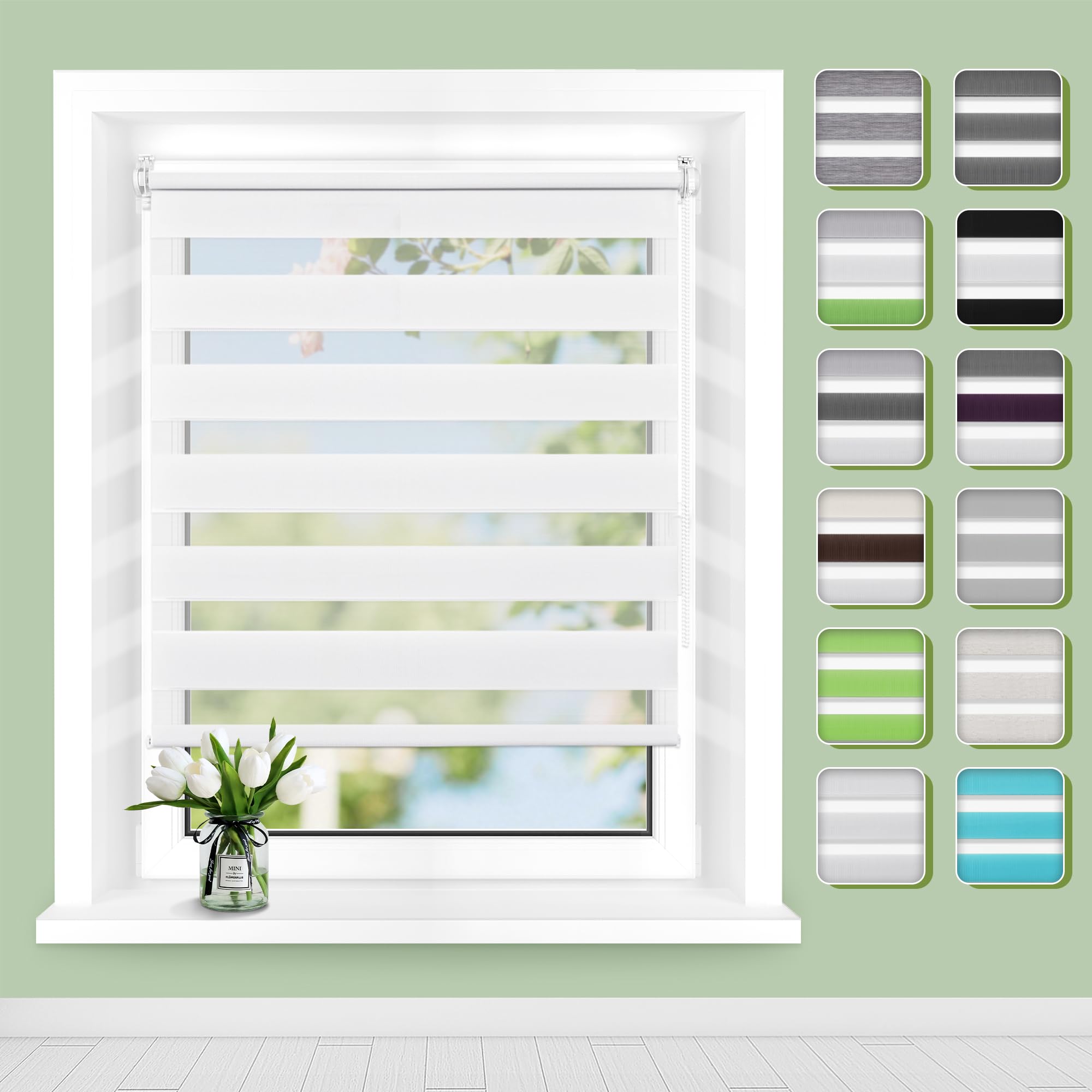 Buseu Doppelrollo Klemmfix ohne Bohren B60 x H230cm(Stoffbreite 56cm) Weiß Blickdicht, Fensterrollo Stufenlose Lichtregulierung Tag & Nacht, Duo Rollo für Fenster & Türen Sichtschutz & Sonnenschutz