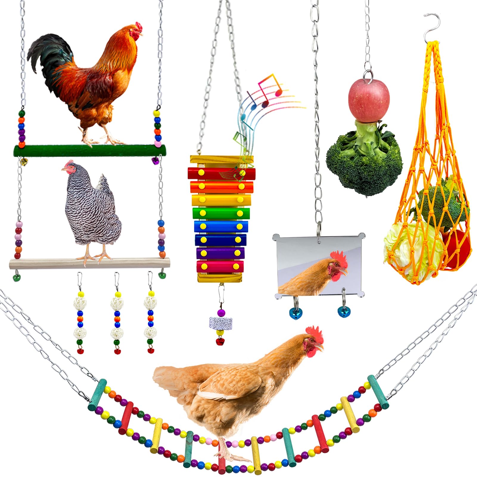 Lot de 6 jouets de poulet pour poulailler avec balançoire et xylophone