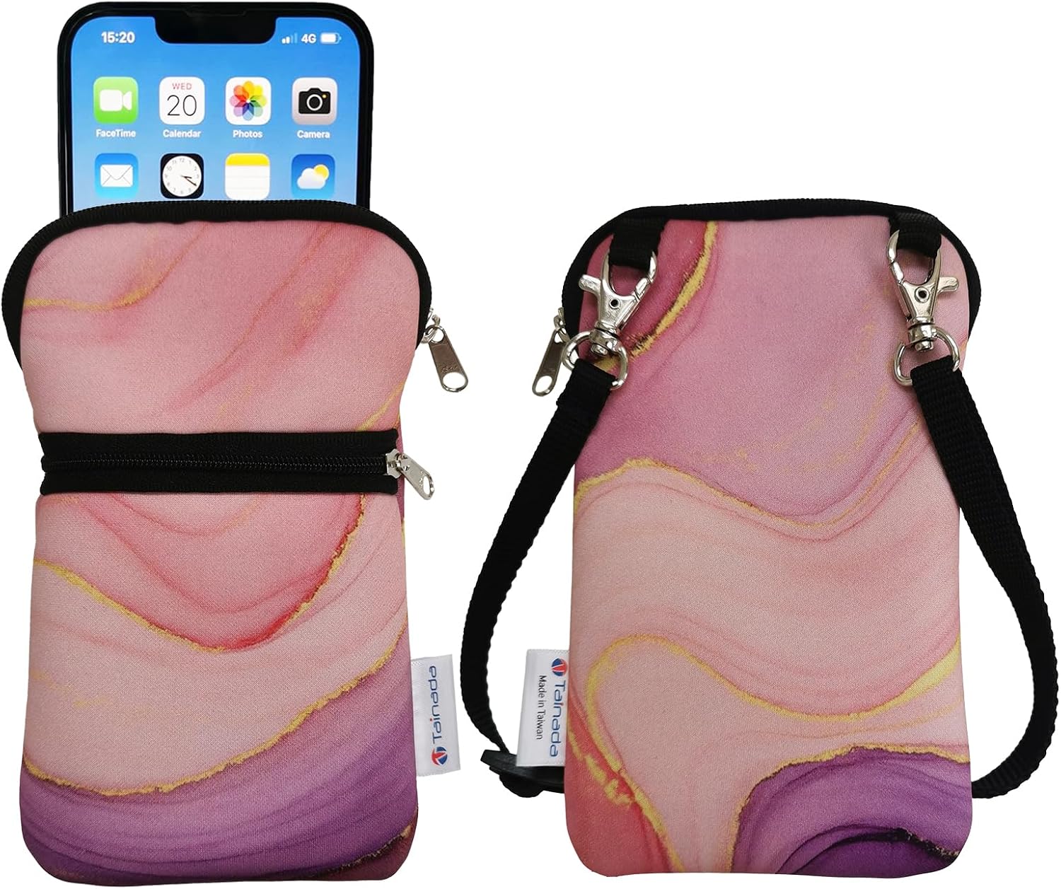 Tainada Neoprene 2-Zip Phone Pouch w/Crossbody, Neck Lanyard (Marble Pink)
