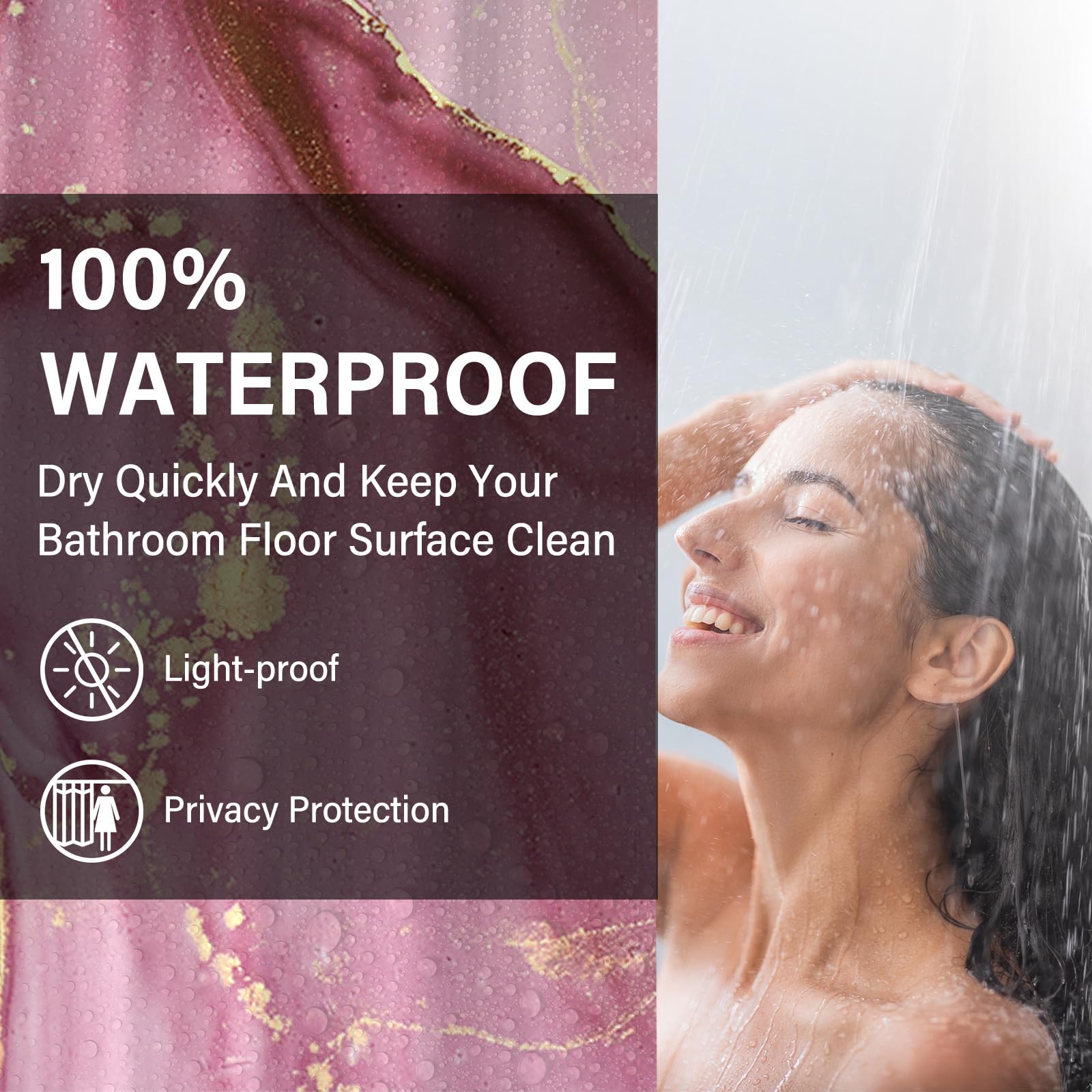 KAIRA Elegante cortina de ducha con diseño de mármol rosa con ganchos, 72 pulgadas de ancho x 72 pulgadas de largo, tela de poliéster impermeable y duradera, fácil de limpiar, decoración de baño de