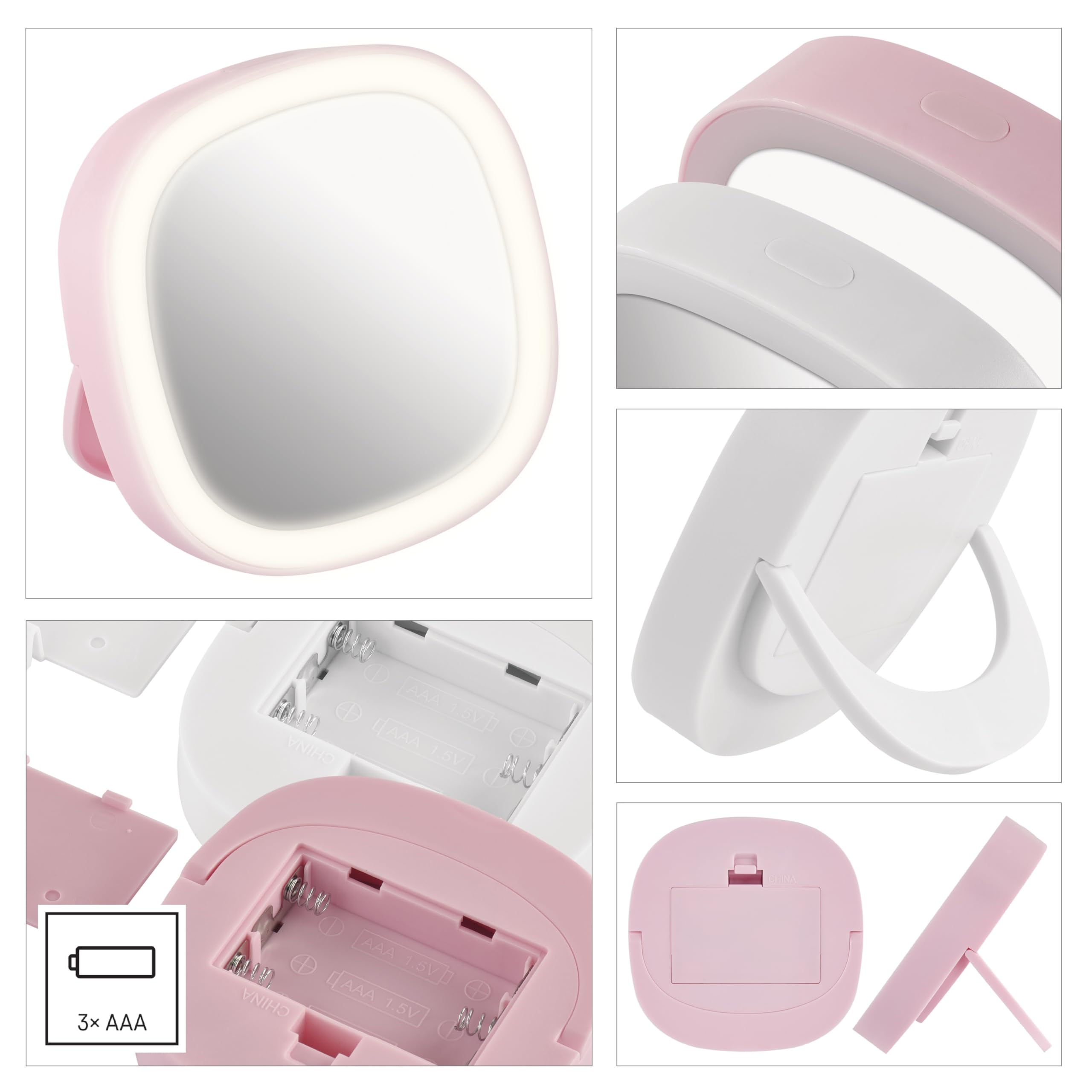 EMOS LED Taschenspiegel mit Licht, 10 Stück Kleiner Kosmetikspiegel, Handspiegel, Reisespiegel mit Ständer in 2 Farben (weiß, rosa), 2 Lichtmodi, inkl. Batterien