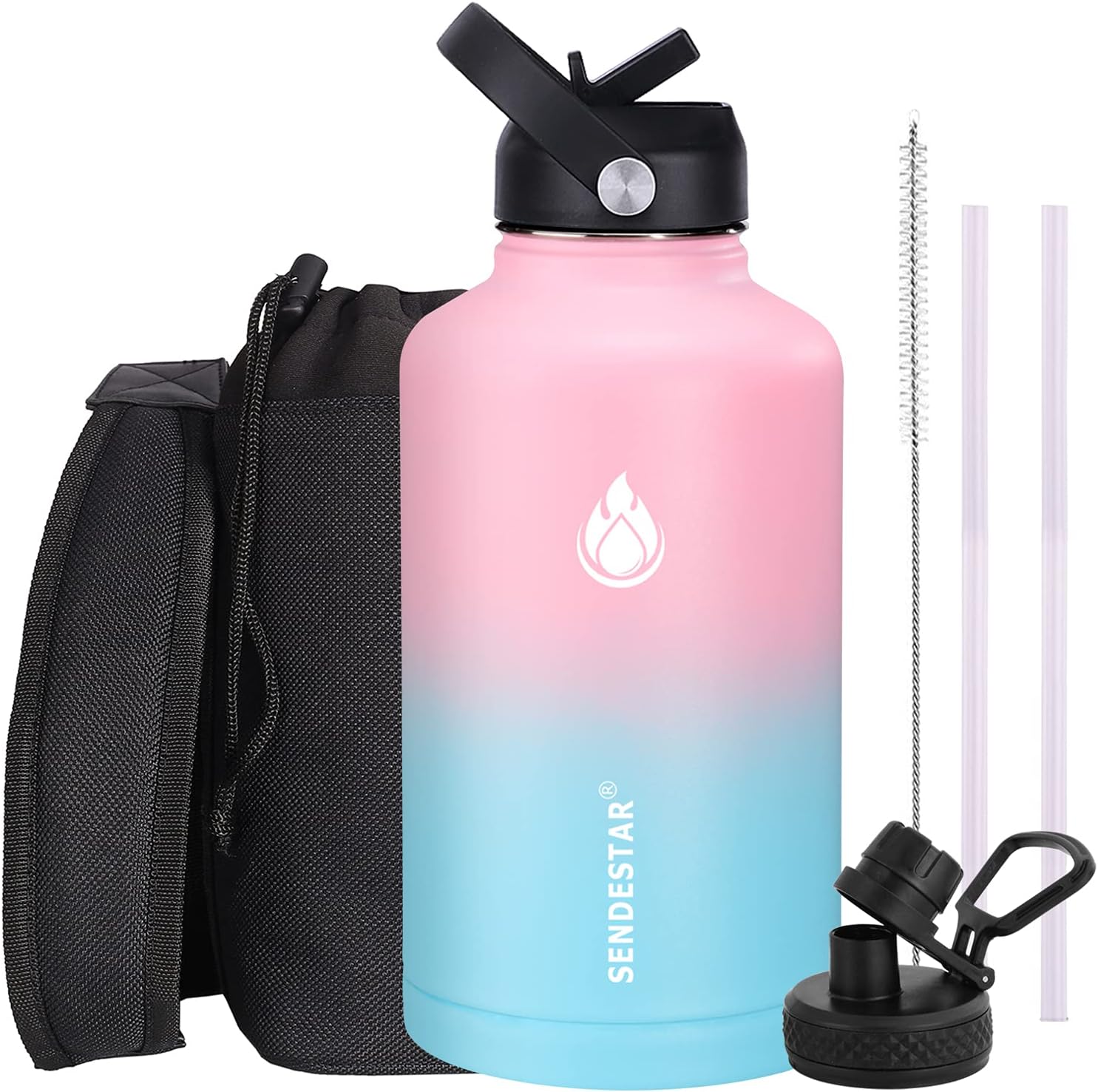 SENDESTAR Water Bottle 64oz Double Wall Vacuum Insulated Leak Proof Stainless Steel Sports Water Bottle—Wide Mouth with New Flex Straw Lid & Spout Lid (Peach&Light Blue)