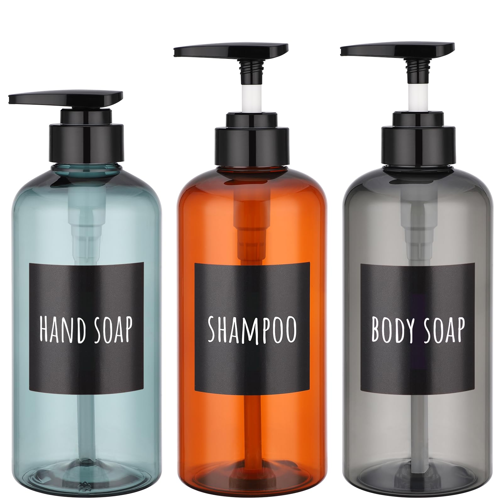 Segbeauty シャンプーボトル 3色 3本セット 500ml ディスペンサー 大容量 ブラック 丸形 漏れ防止 詰め替えボトル おしゃれ 浴室 洗面所【水色＋茶色＋灰色】