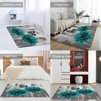 Living Room Rugs Rectangle Non Slip Washable 3'x5' Gray Teal Flower Butterfly Printed Coral Velvet Floor Mat for Bedroom Entryway Kids Playroom Rug