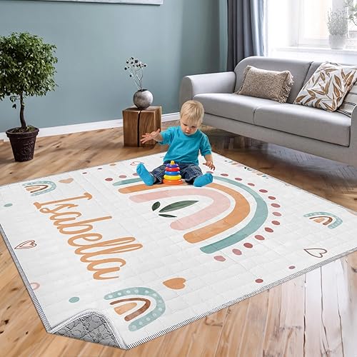 Miniatura 2 de Tapete de juego para bebé con nombre personalizado, tapete de juego suave de arcoíris de caléndula para piso, tapetes de juego plegables