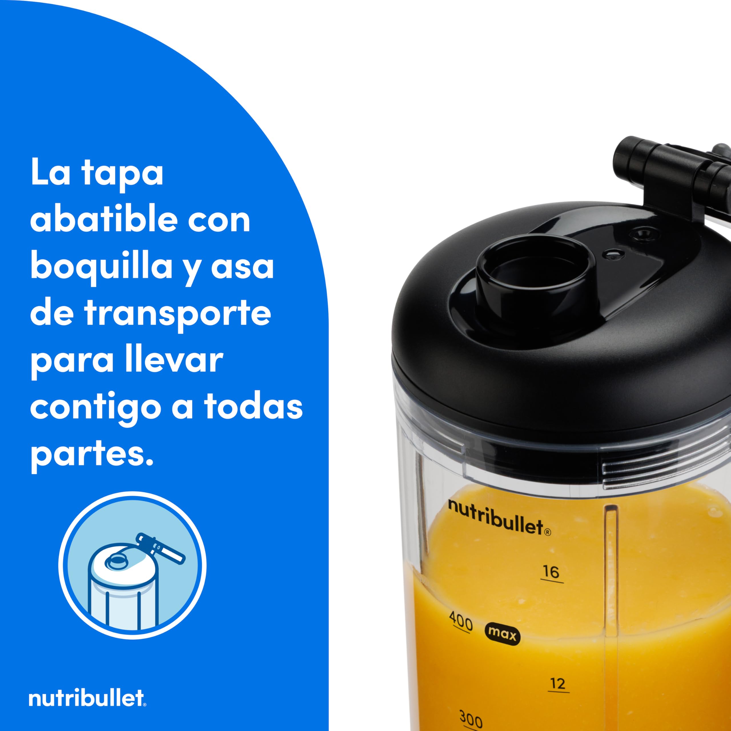 nutribullet Flex 590ml - Batidora Portátil para Smoothies con Tapa con Boquilla y Asa, Picadora, Tritura Hielo y Frutas Congeladas, USB-C, Vaso sin BPA, Fácil de Limpiar, Gris Grafito (NBP013GM)