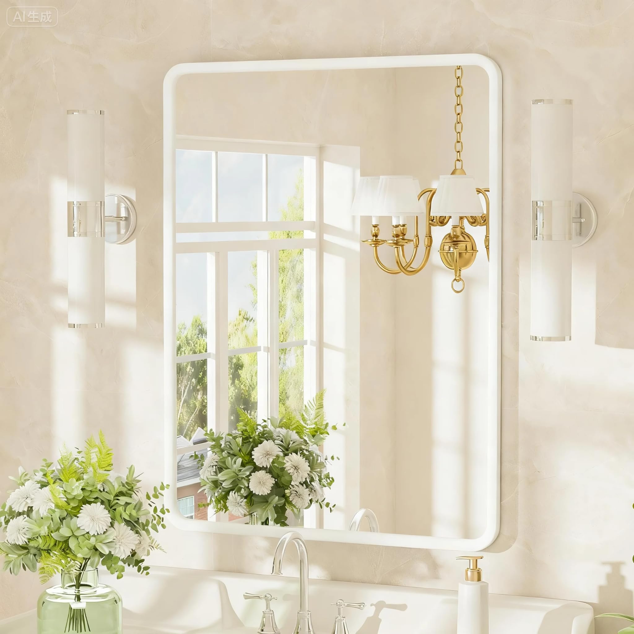 24x36 inch White Bathroom Mirror White Metal Framed Rounded Rectangle Wall Mount Vanity Mirror HD Tempered Glass Aluminum