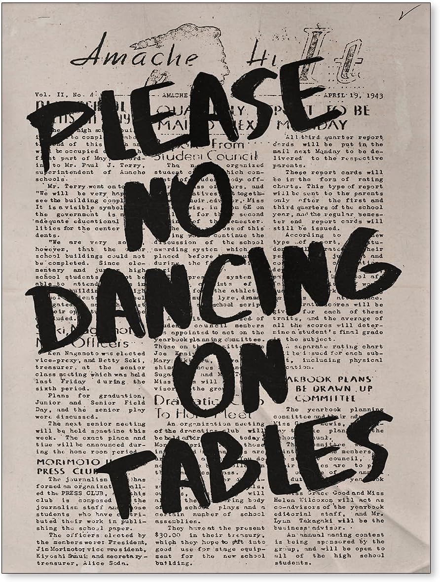 ZERFVTG Arte de pared de periódico retro, divertido póster en blanco y negro con texto en inglés «Please No Dancing on Tables», impresiones en